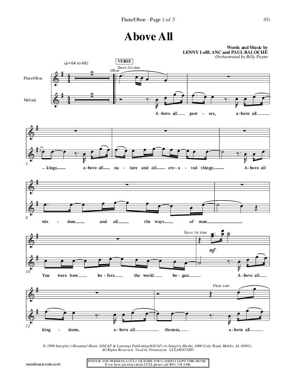 Above All Flute/Oboe (Paul Baloche)