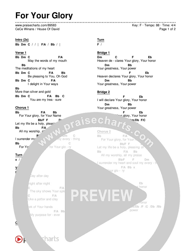 For Your Glory Chords & Lyrics (CeCe Winans / House Of David)