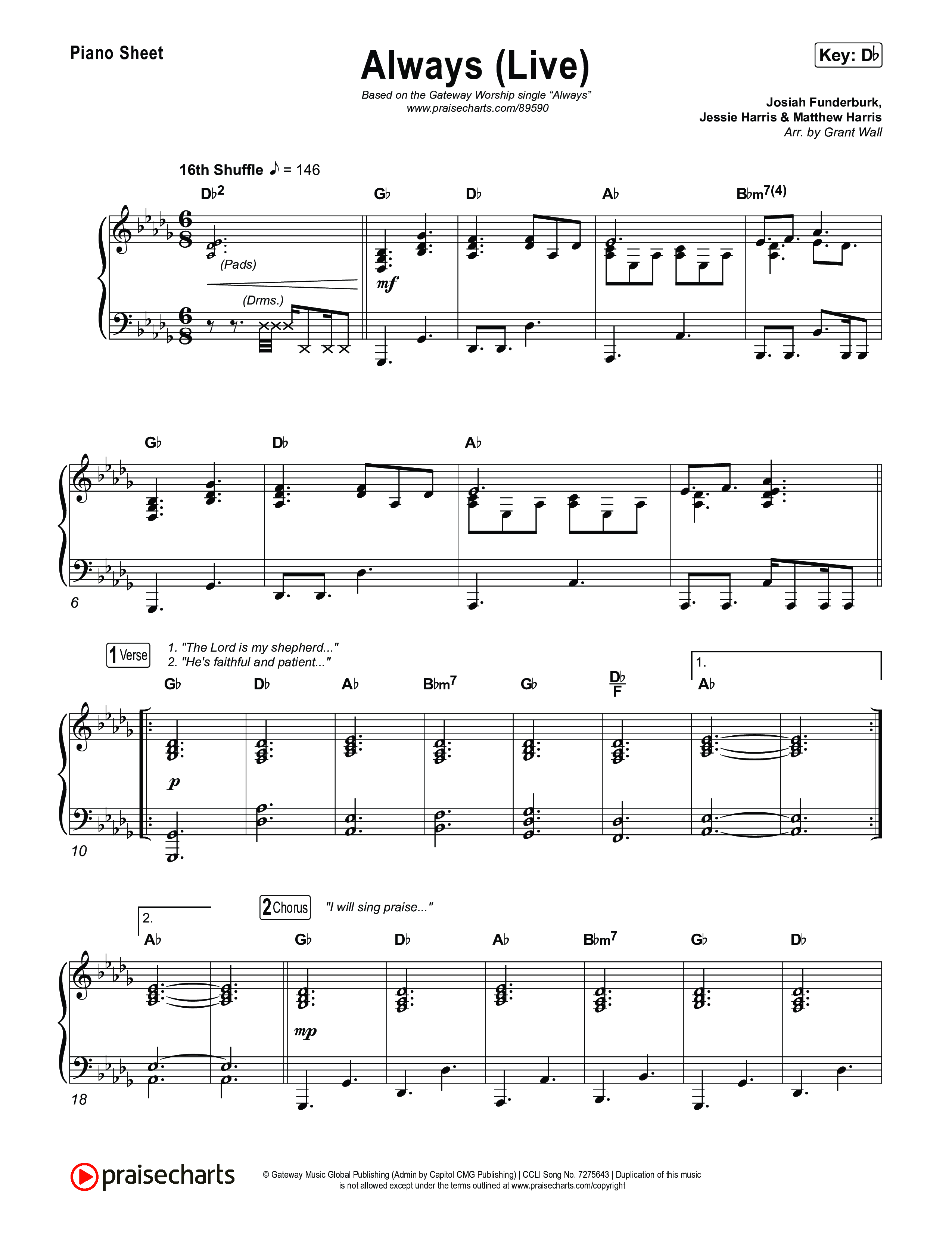 Always (Live) Piano Sheet (Gateway Worship)