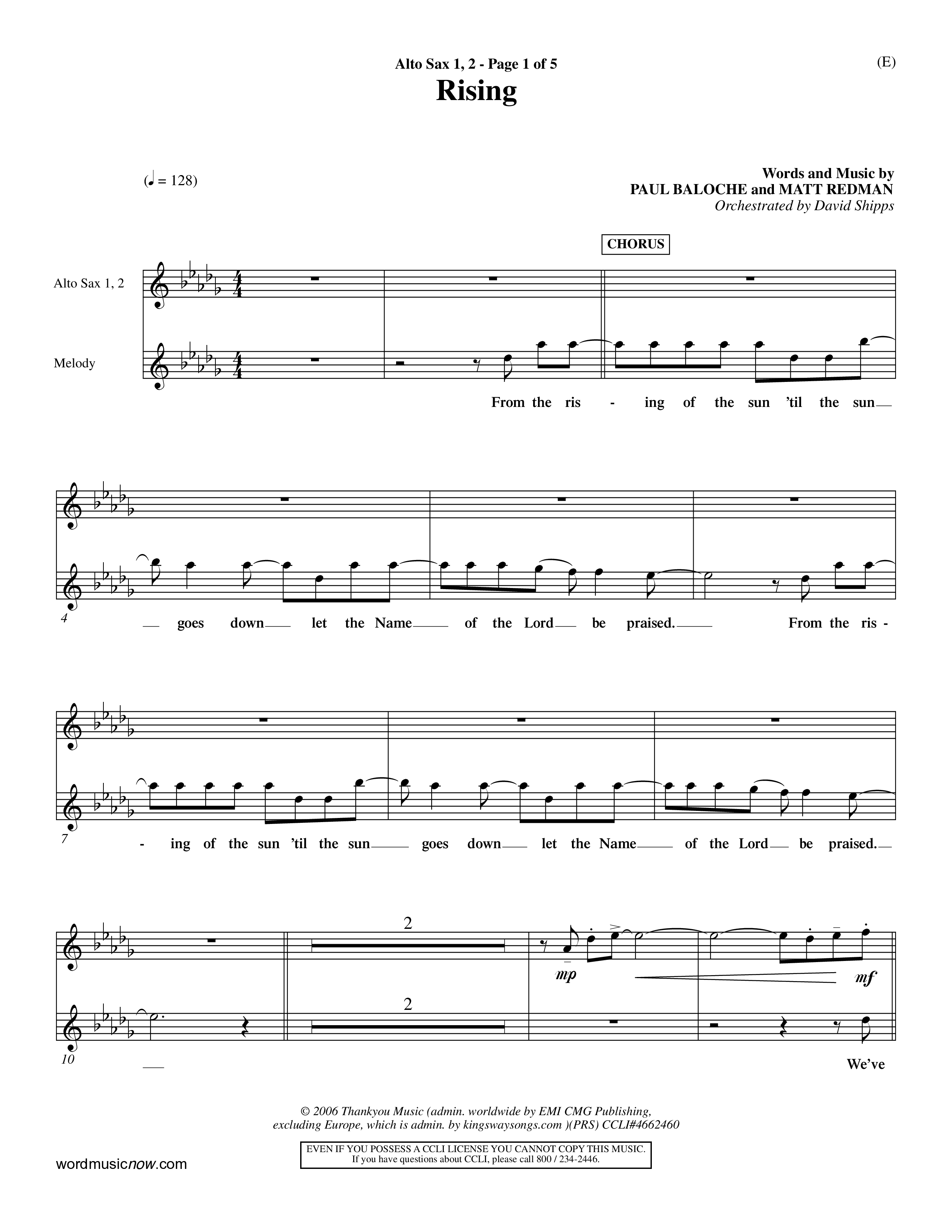 Rising (Choral Anthem SATB) Alto Sax 1/2 (Word Music Choral / Arr. David Shipps)