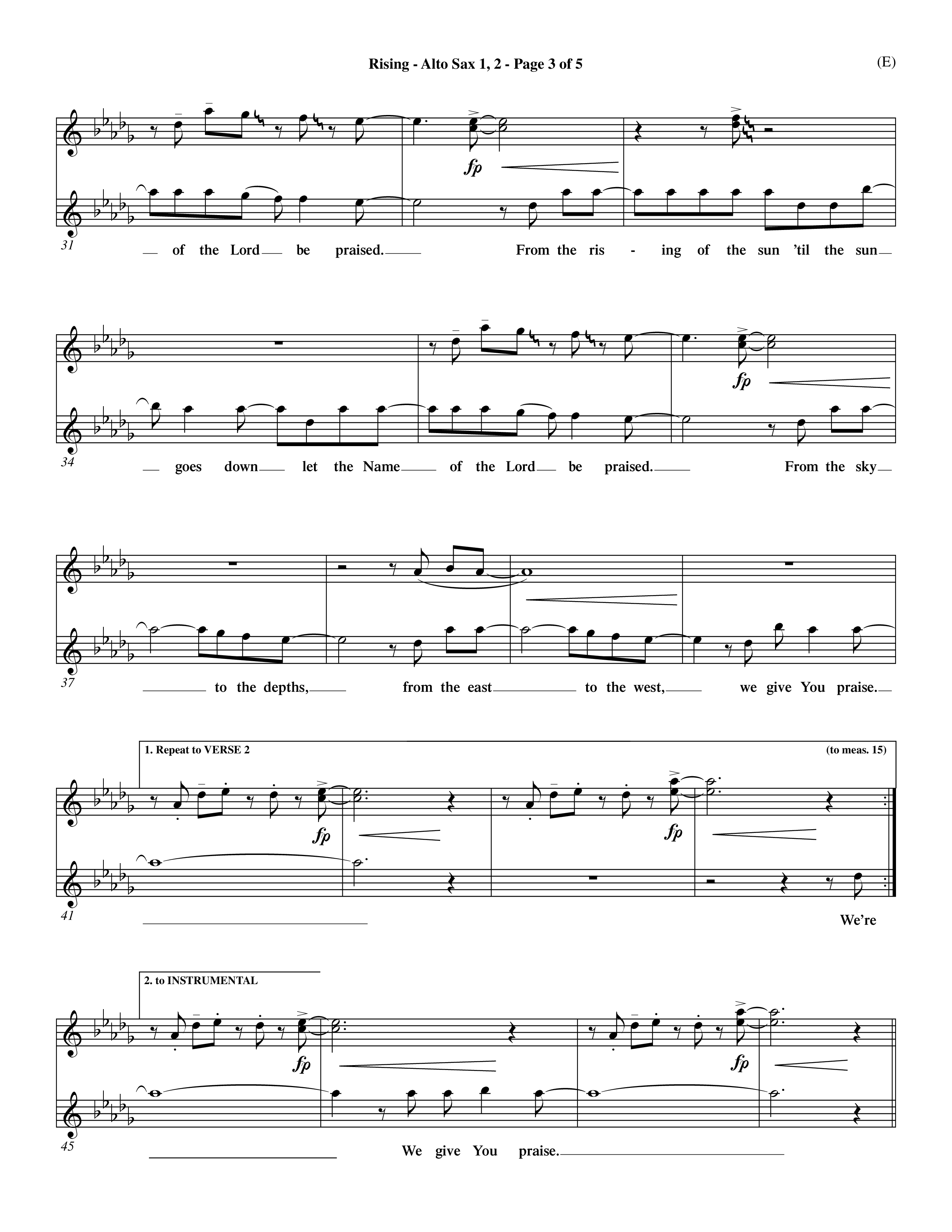 Rising (Choral Anthem SATB) Alto Sax 1/2 (Word Music Choral / Arr. David Shipps)