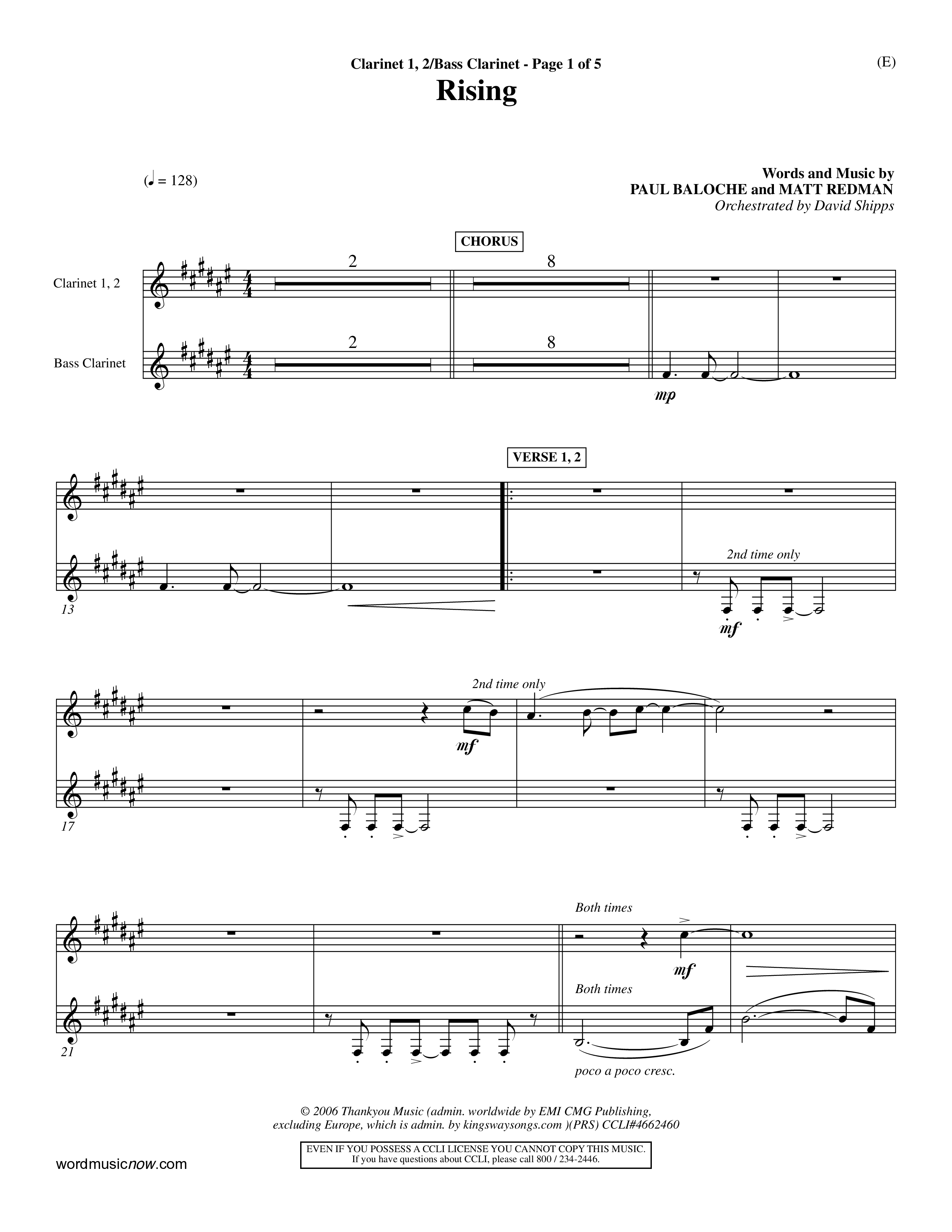 Rising (Choral Anthem SATB) Clarinet 1/2, Bass Clarinet (Word Music Choral / Arr. David Shipps)