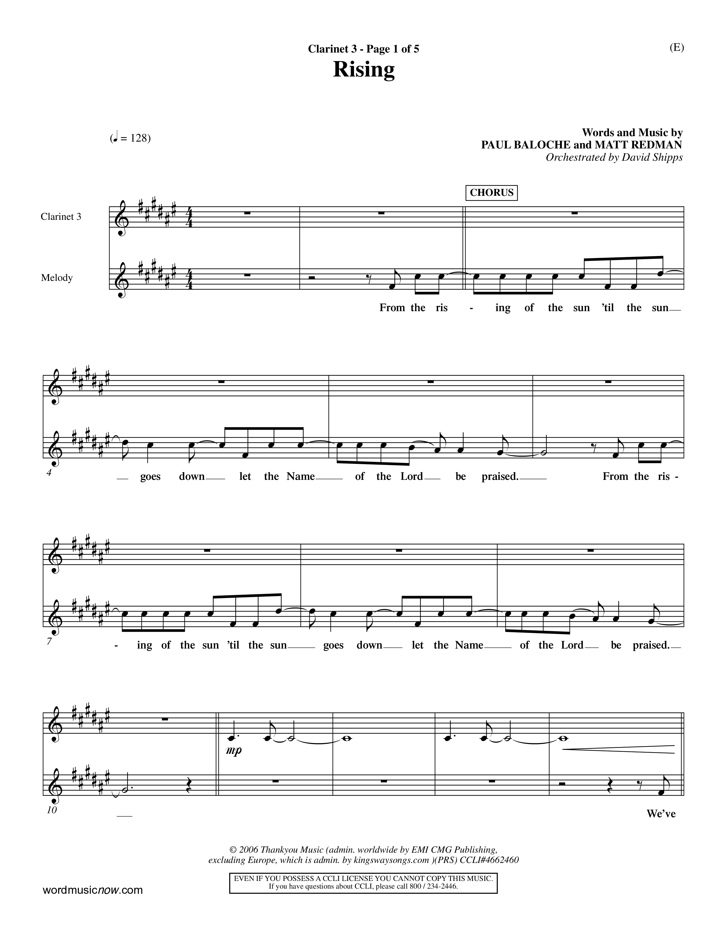 Rising (Choral Anthem SATB) Clarinet 3 (Word Music Choral / Arr. David Shipps)