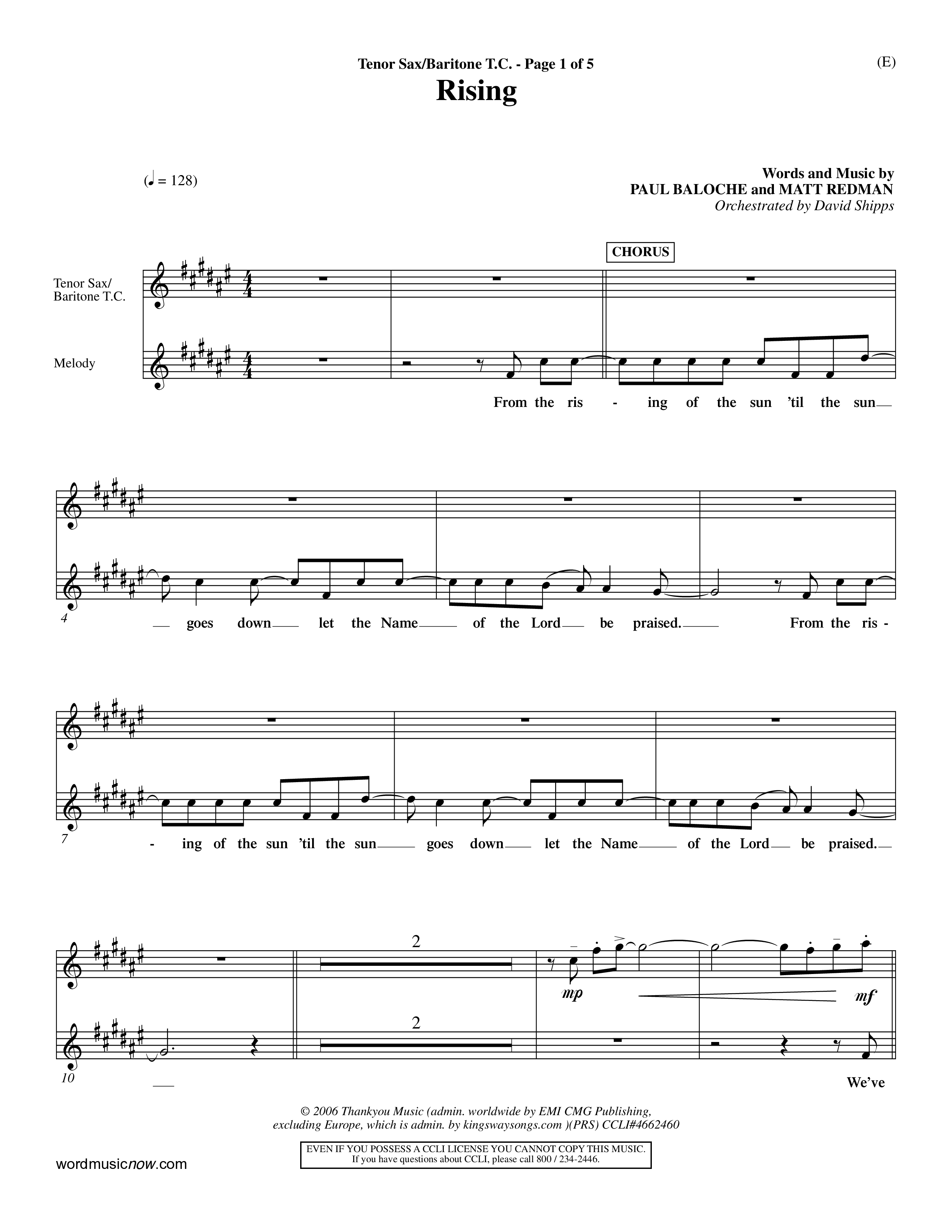 Rising (Choral Anthem SATB) Tenor Sax/Baritone T.C. (Word Music Choral / Arr. David Shipps)