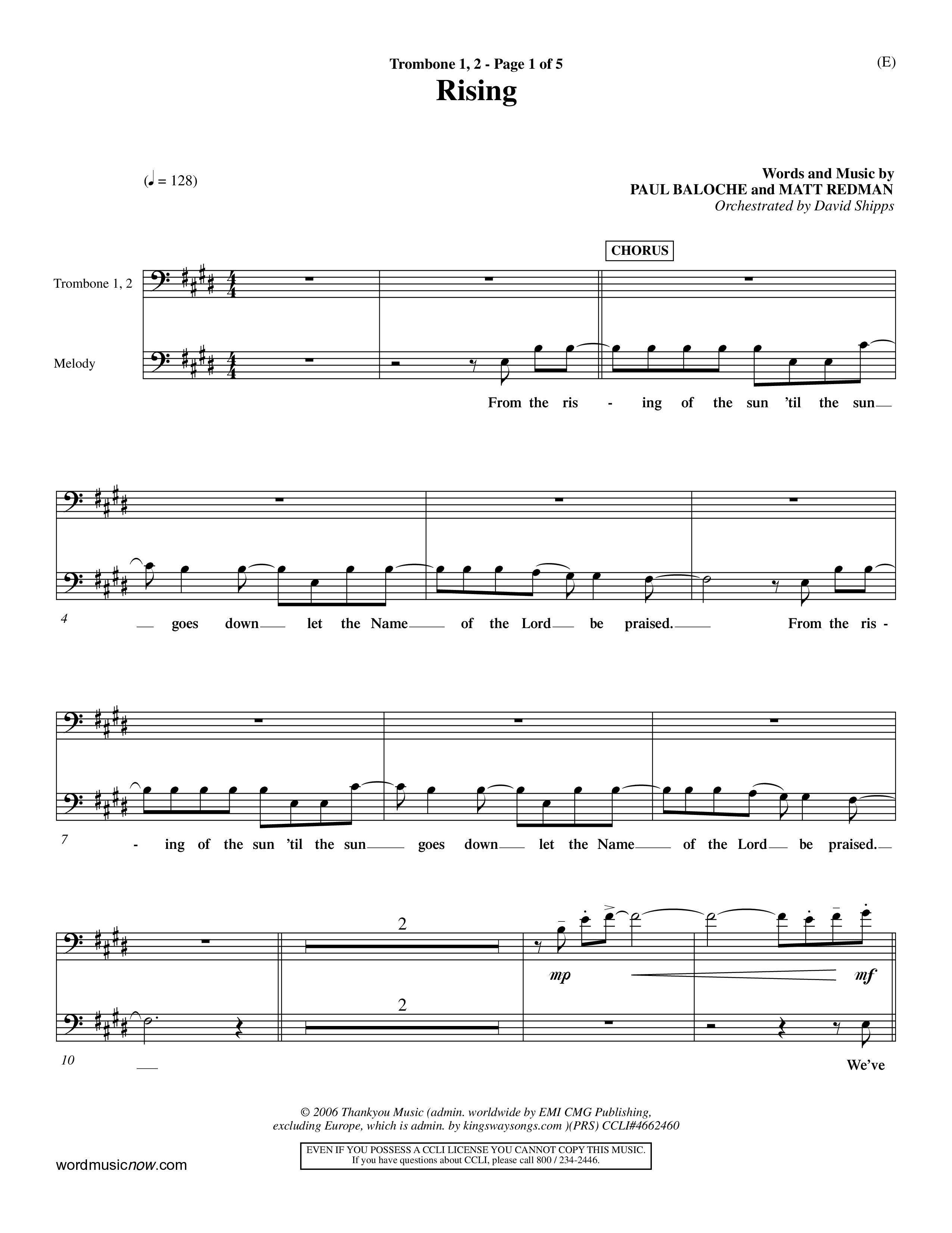 Rising (Choral Anthem SATB) Trombone 1/2 (Word Music Choral / Arr. David Shipps)