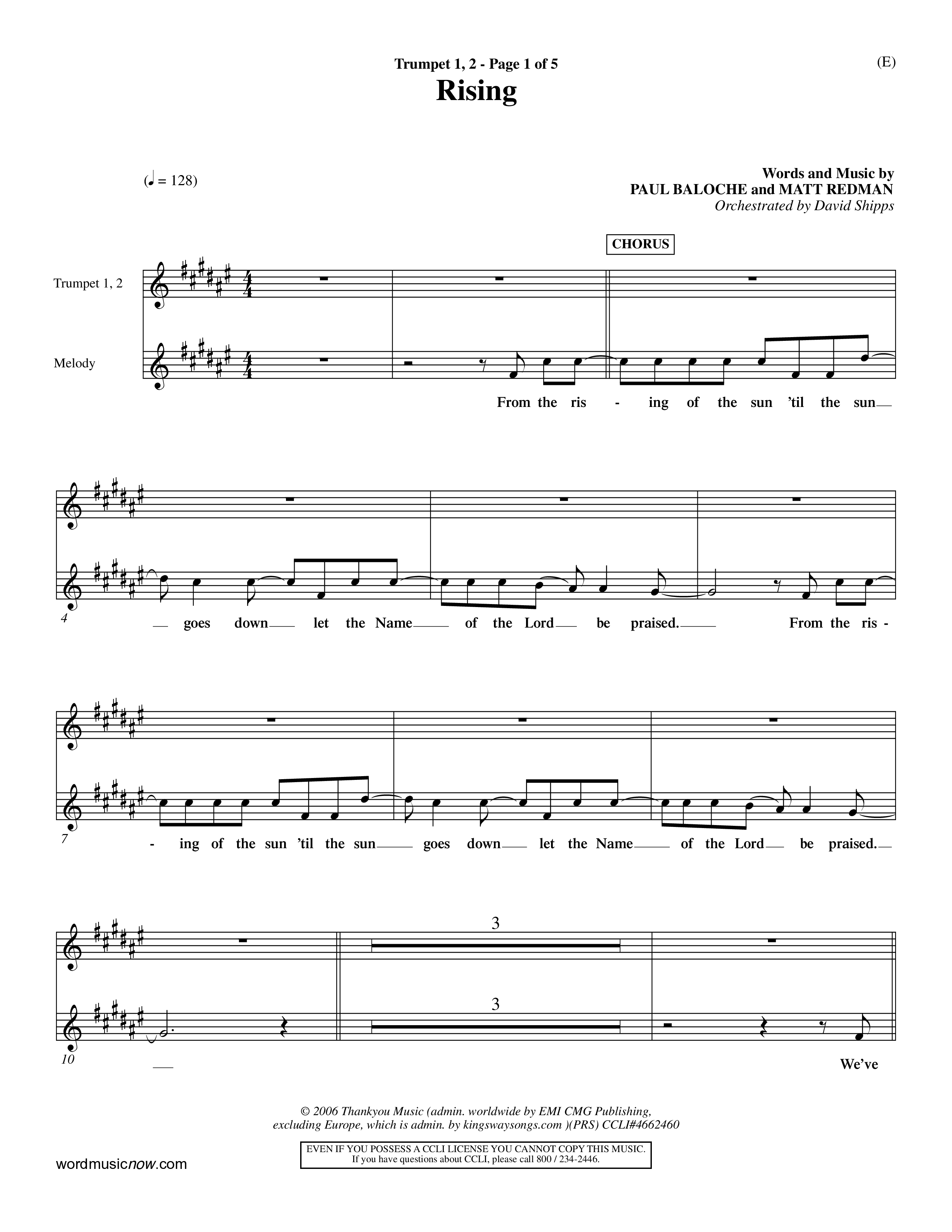 Rising (Choral Anthem SATB) Trumpet 1,2 (Word Music Choral / Arr. David Shipps)