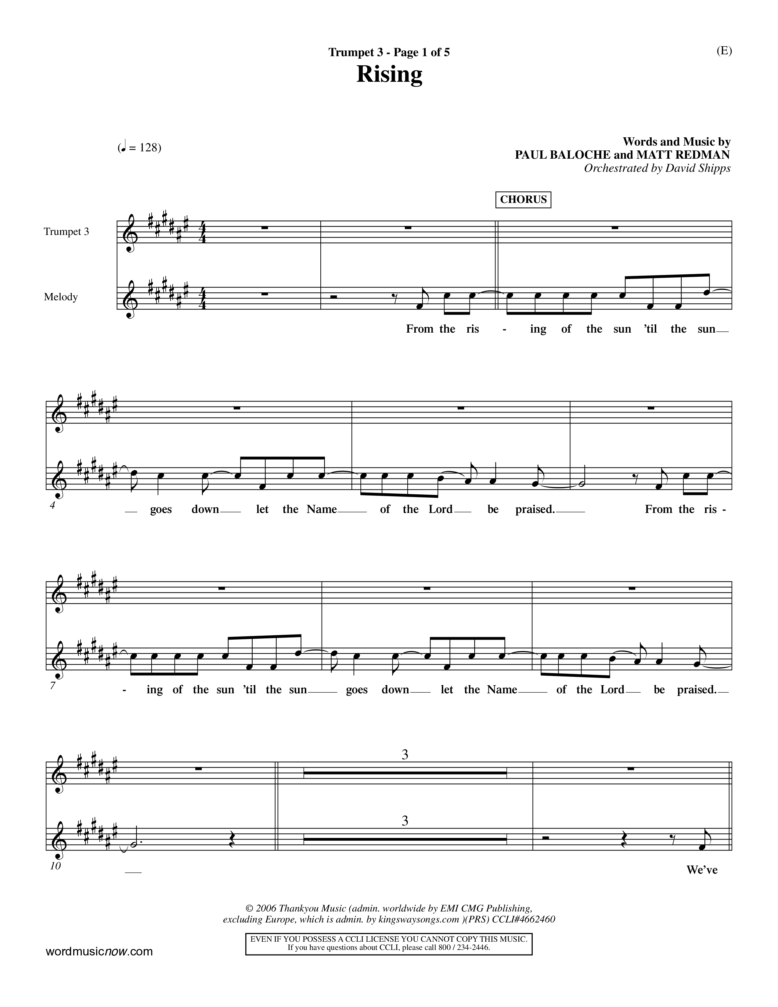 Rising (Choral Anthem SATB) Trumpet 3 (Word Music Choral / Arr. David Shipps)