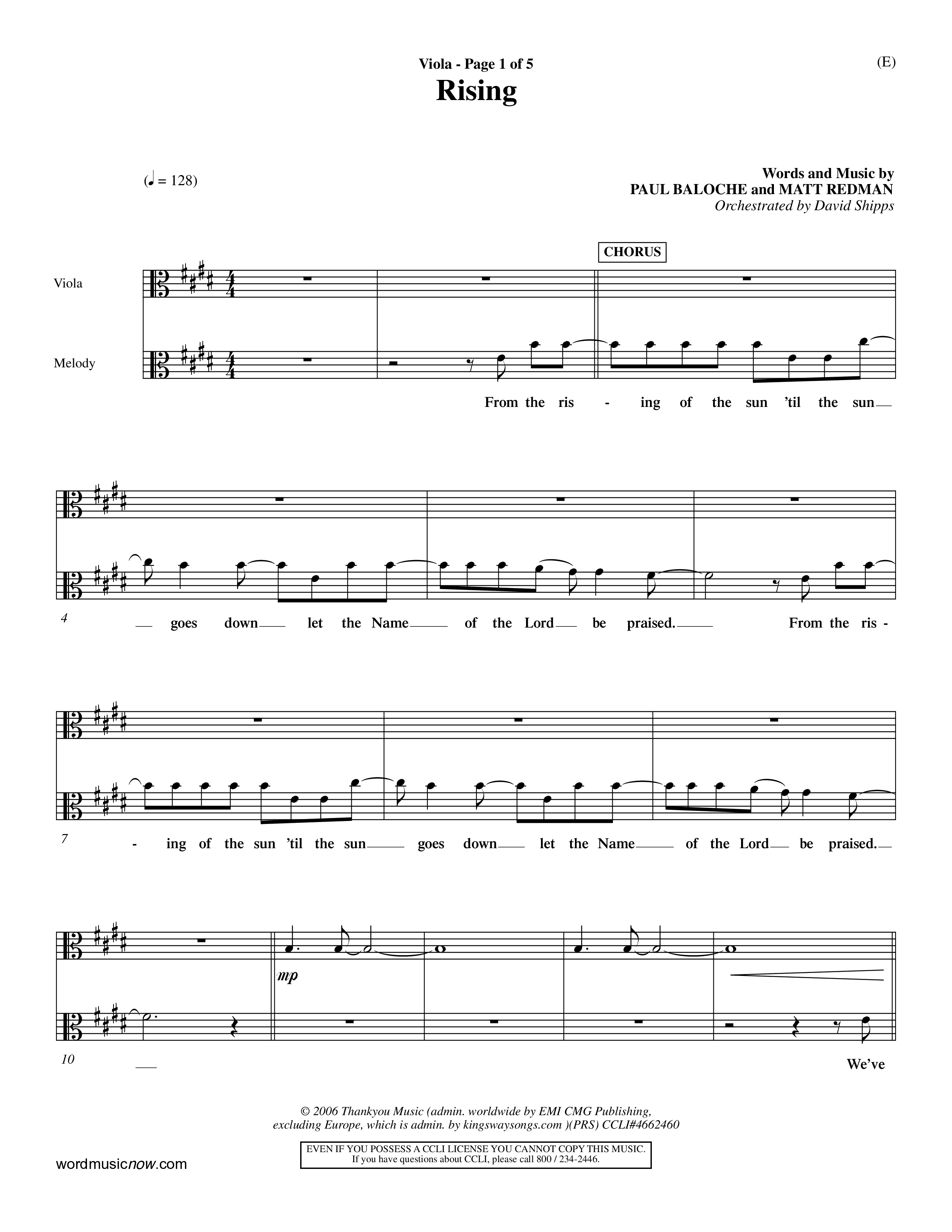 Rising (Choral Anthem SATB) Viola (Word Music Choral / Arr. David Shipps)
