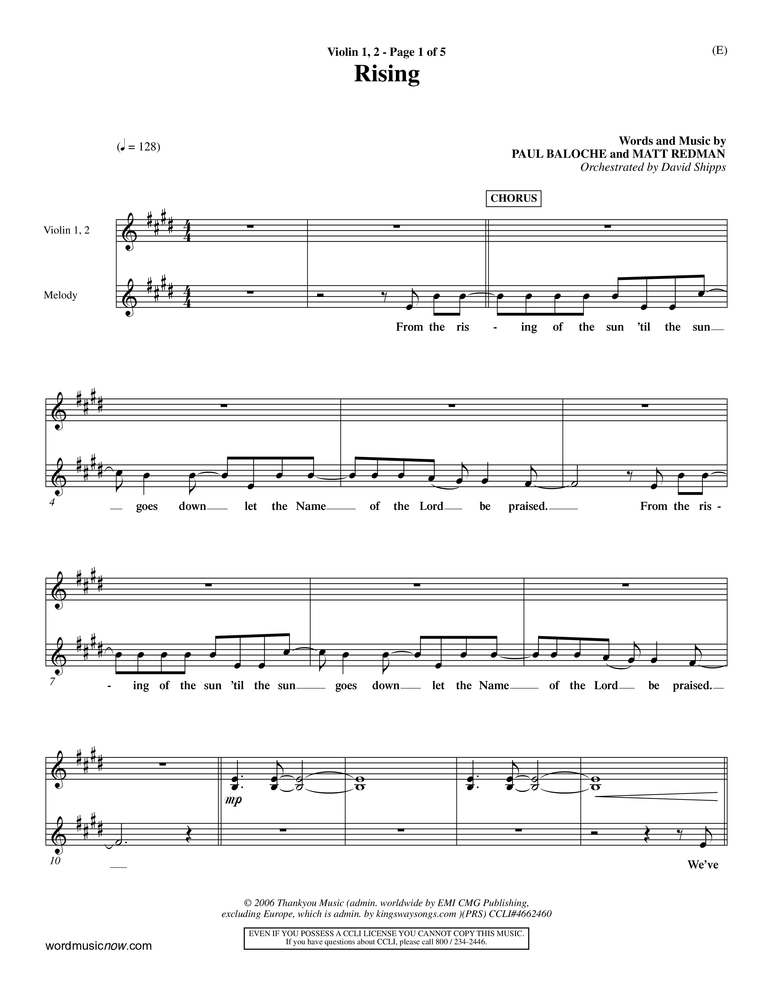 Rising (Choral Anthem SATB) Violin 1/2 (Word Music Choral / Arr. David Shipps)