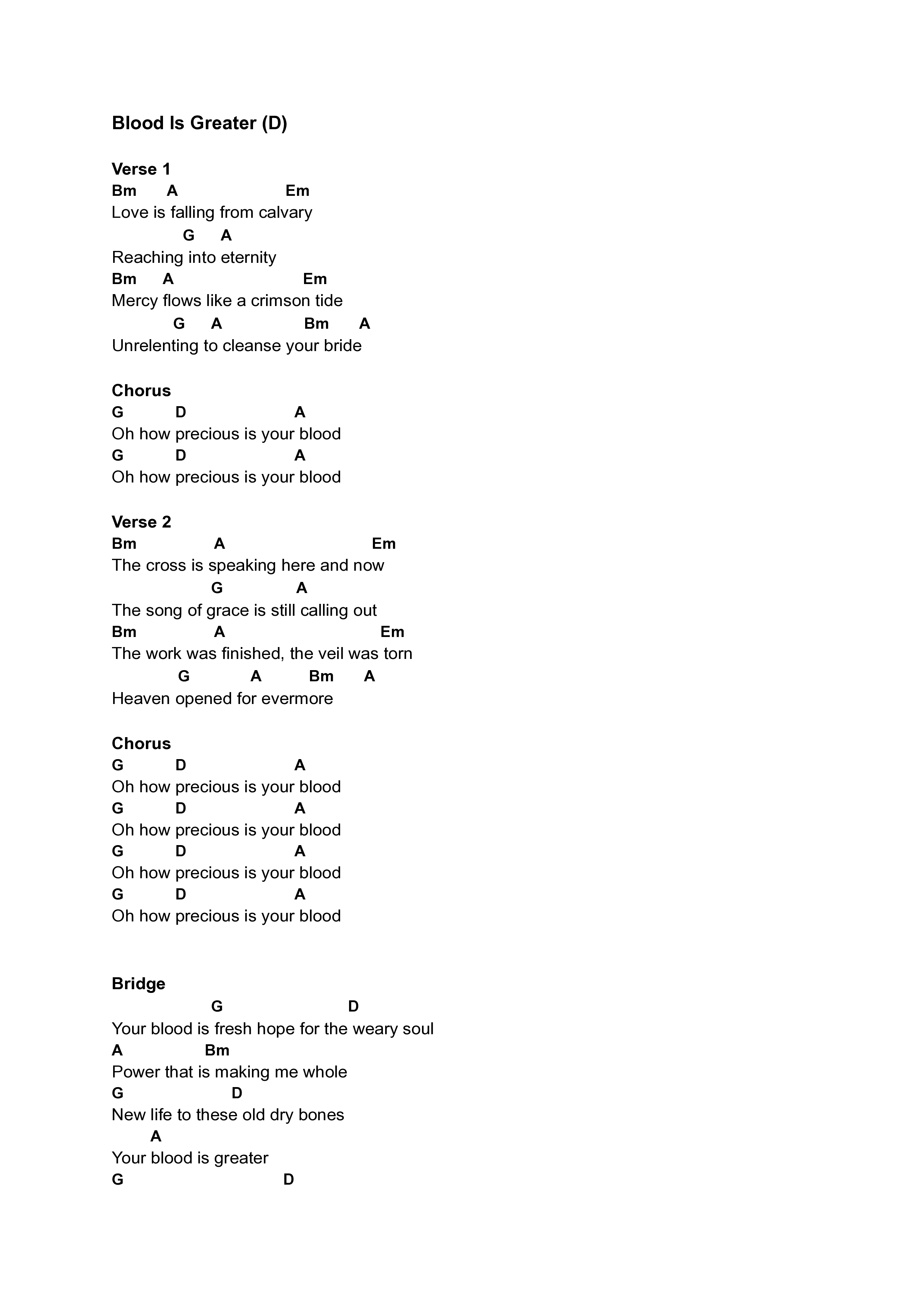 Blood Is Greater Chord Chart (Freedom Church)