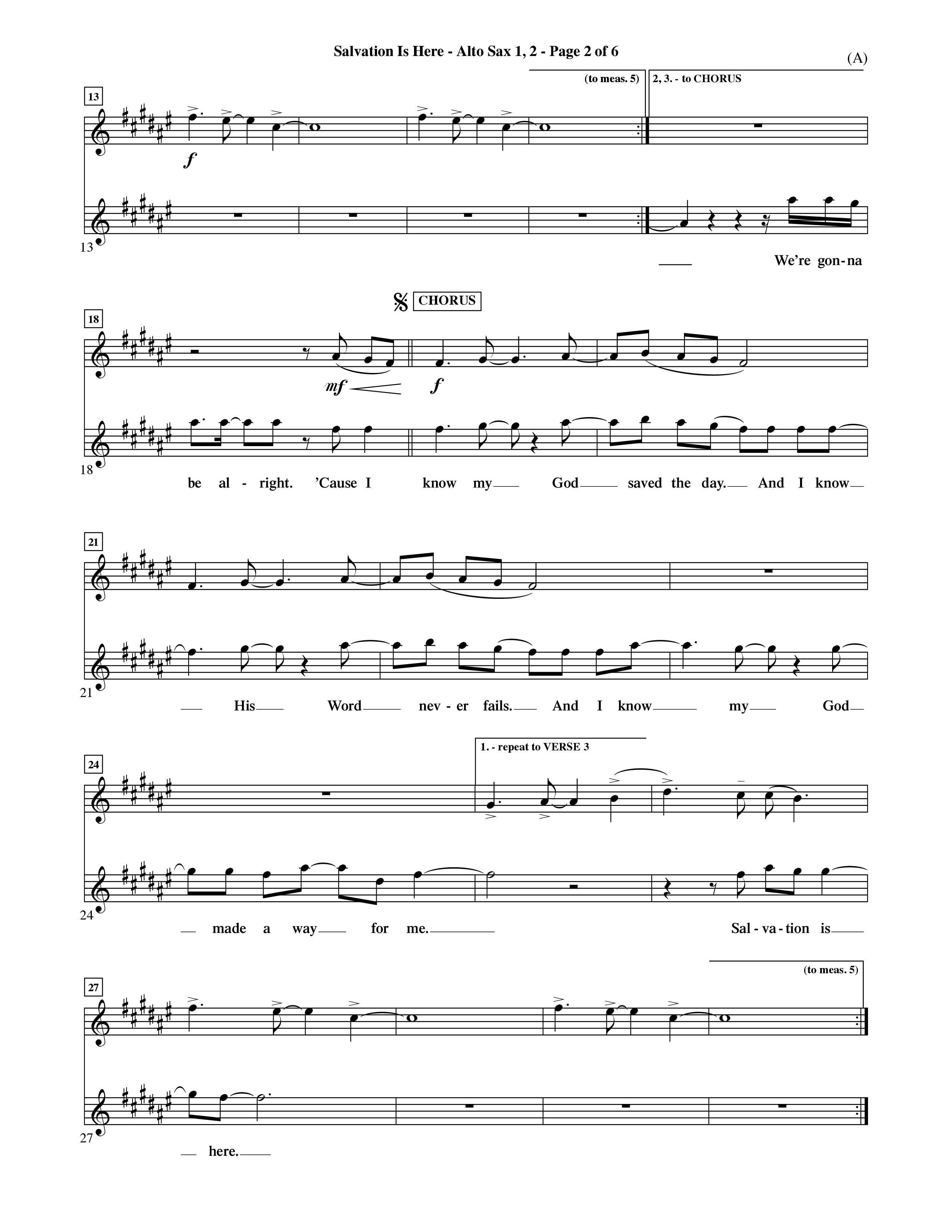 Salvation Is Here (Choral Anthem SATB) Alto Sax 1/2 (Word Music Choral / Arr. Terry Winch)