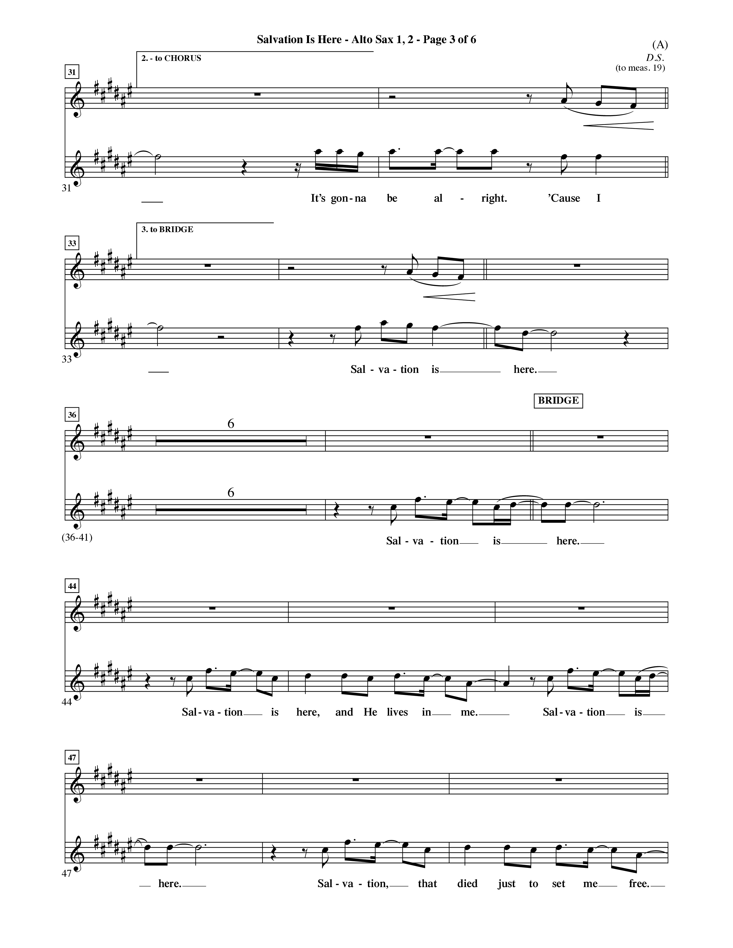 Salvation Is Here (Choral Anthem SATB) Alto Sax 1/2 (Word Music Choral / Arr. Terry Winch)