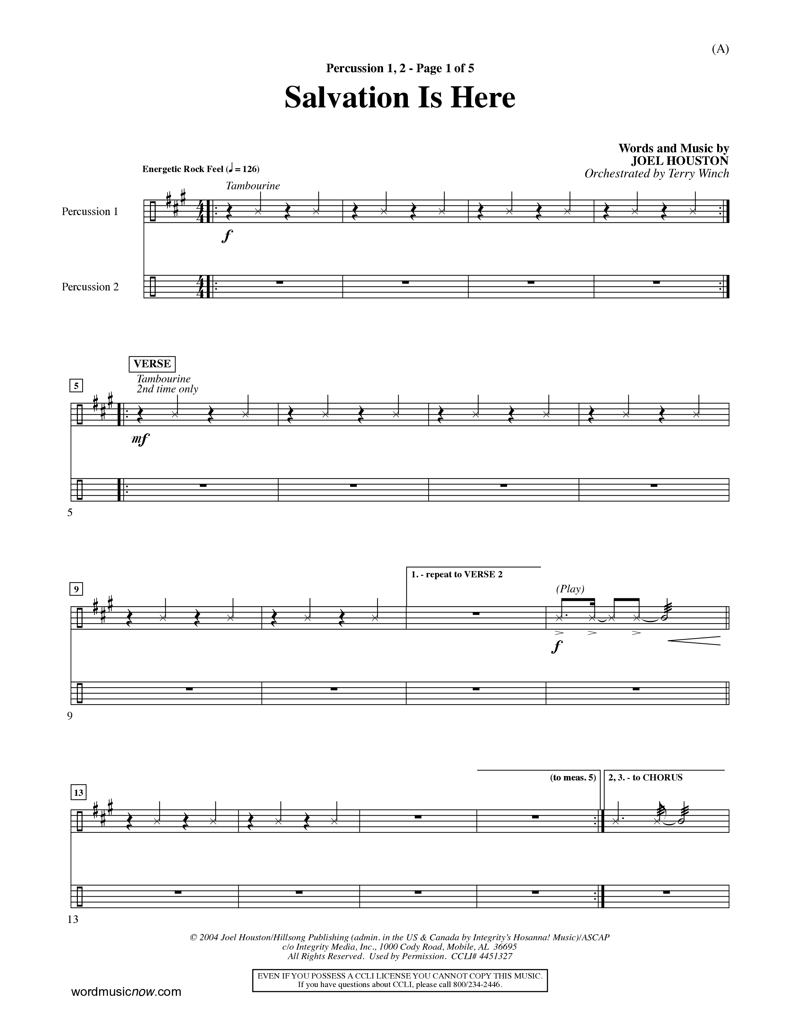 Salvation Is Here (Choral Anthem SATB) Percussion 1/2 (Word Music Choral / Arr. Terry Winch)
