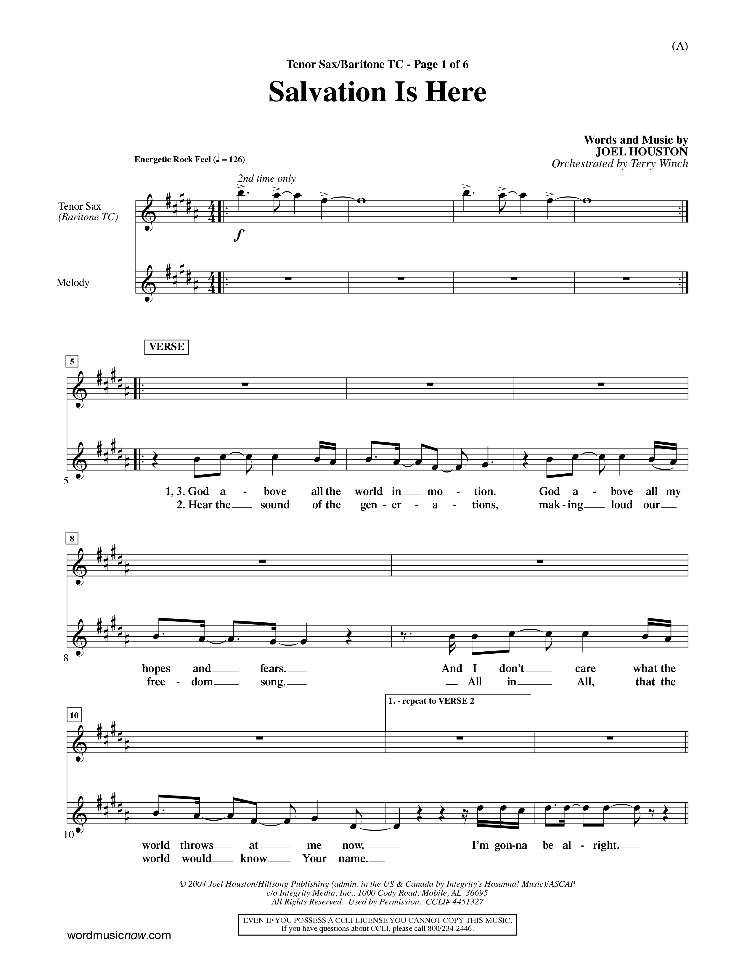 Salvation Is Here (Choral Anthem SATB) Tenor Sax/Baritone T.C. (Word Music Choral / Arr. Terry Winch)