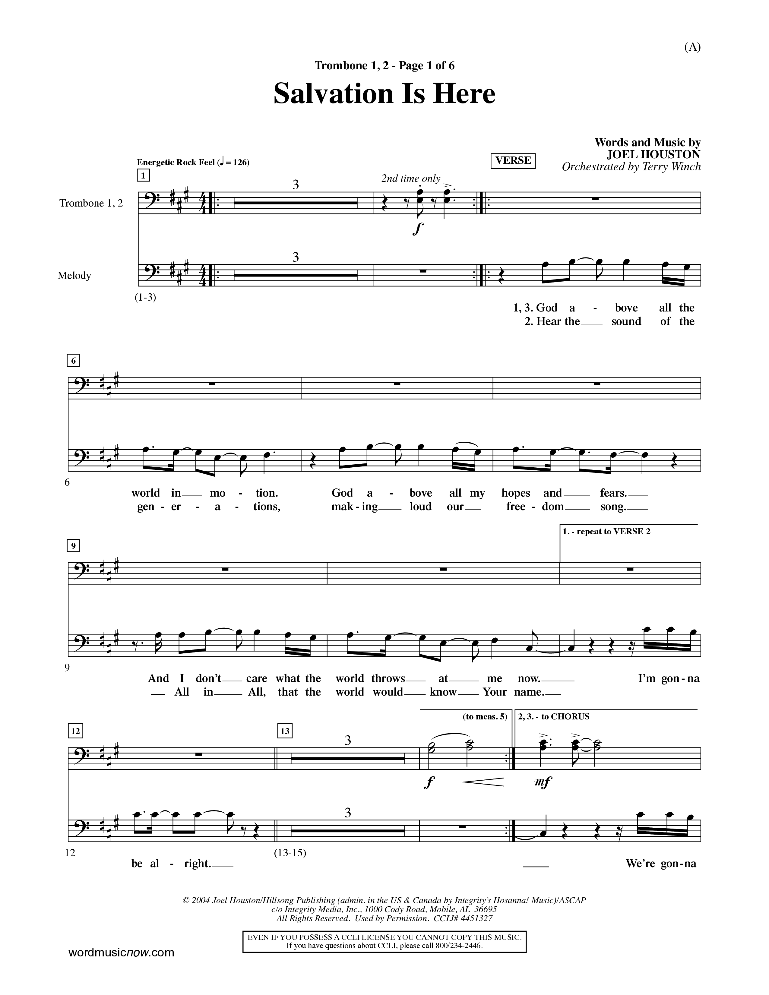 Salvation Is Here (Choral Anthem SATB) Trombone 1/2 (Word Music Choral / Arr. Terry Winch)