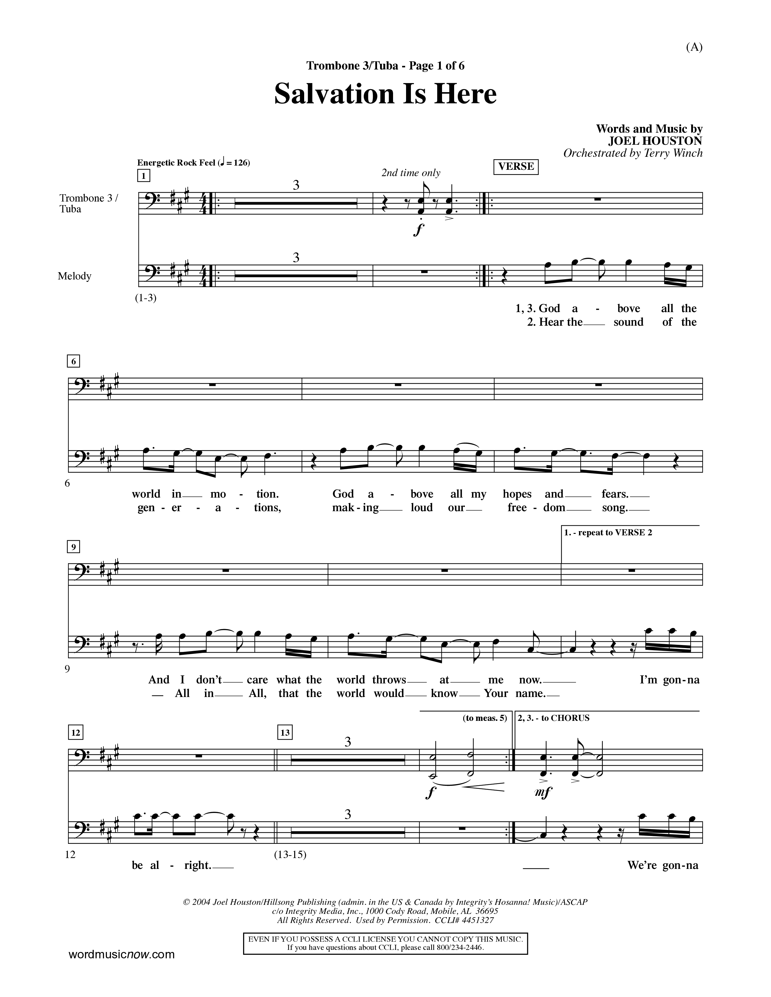 Salvation Is Here (Choral Anthem SATB) Trombone 3/Tuba (Word Music Choral / Arr. Terry Winch)