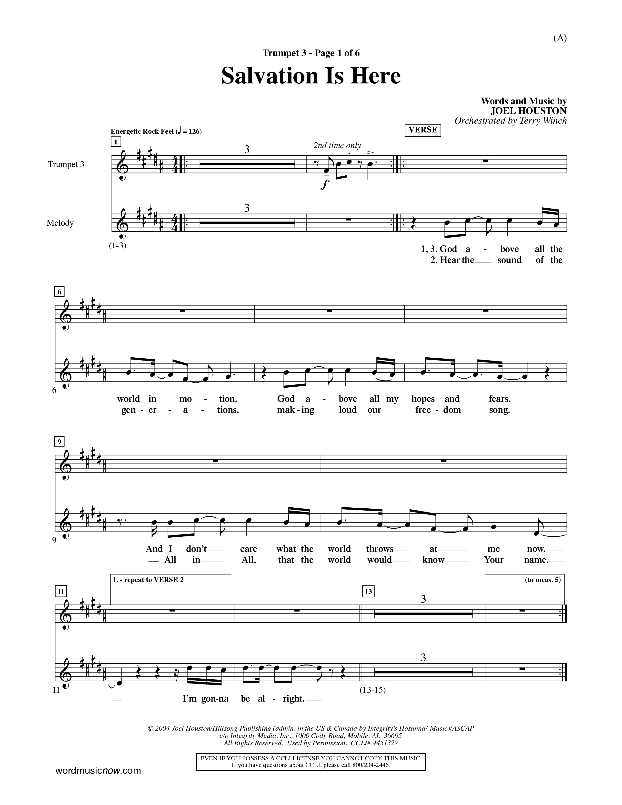 Salvation Is Here (Choral Anthem SATB) Trumpet 3 (Word Music Choral / Arr. Terry Winch)