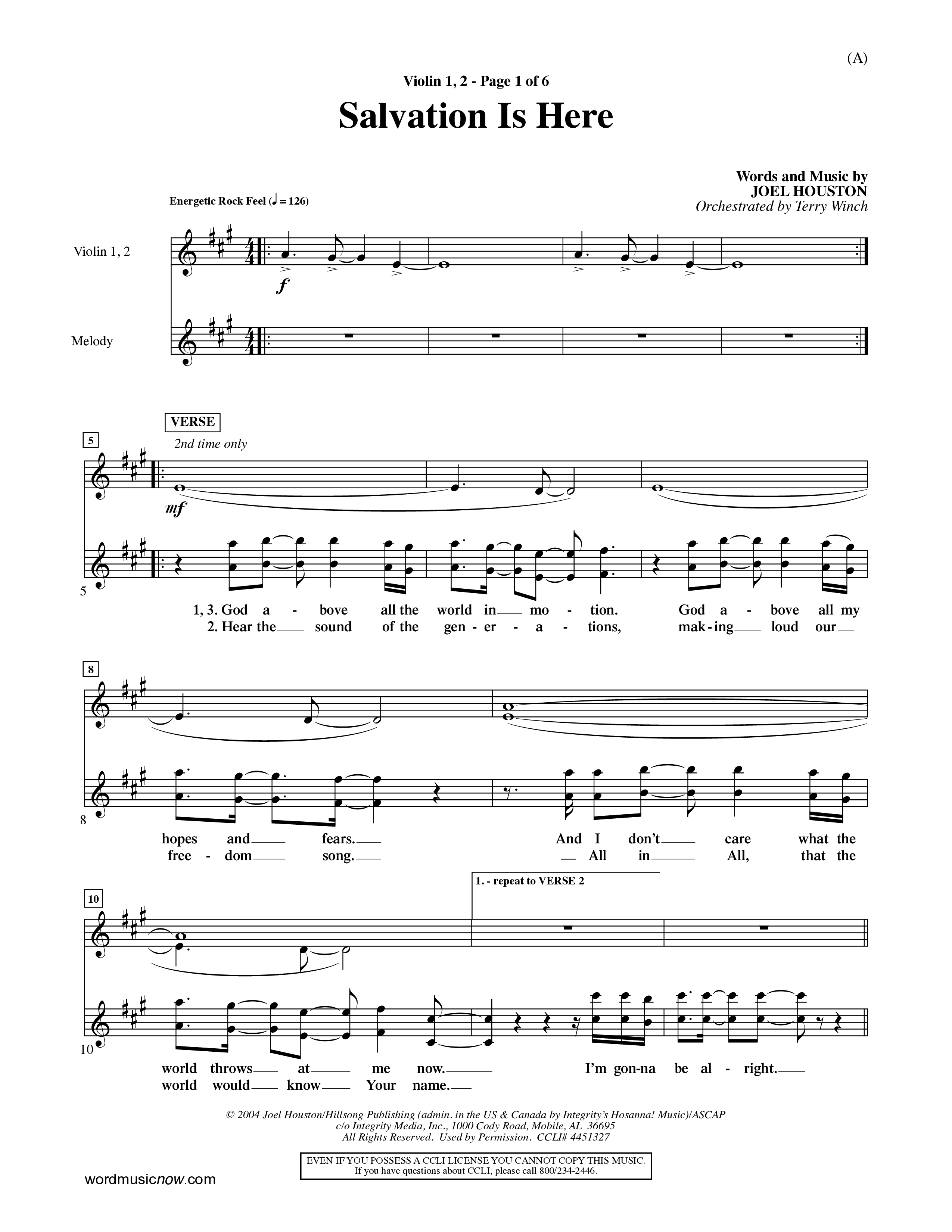 Salvation Is Here (Choral Anthem SATB) Violin 1/2 (Word Music Choral / Arr. Terry Winch)