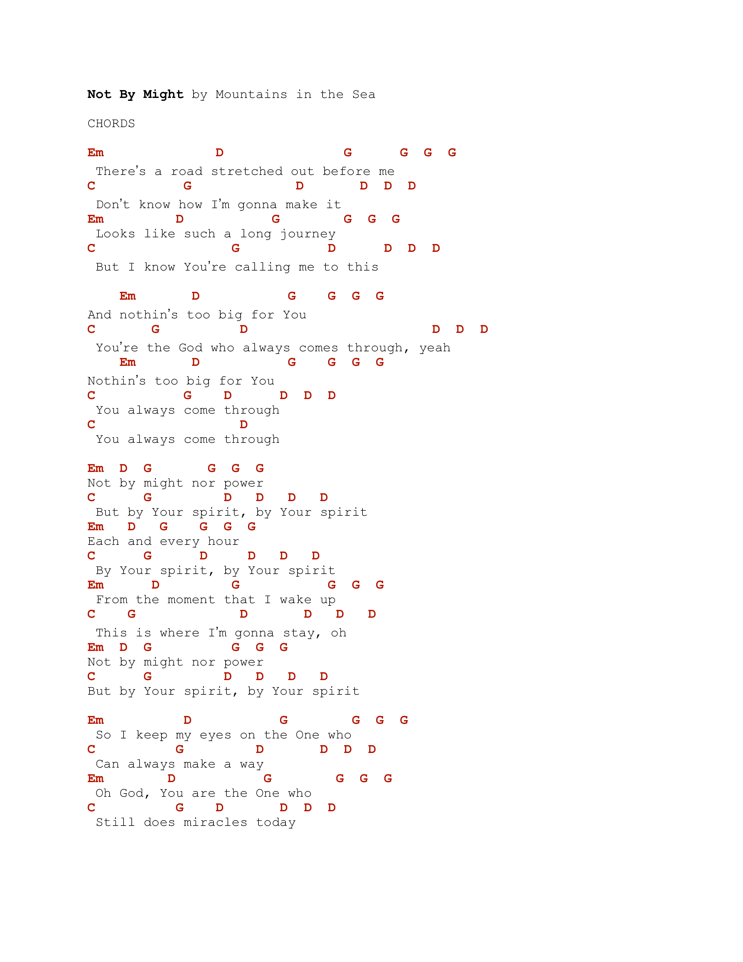 Not By Might Chord Chart (Mountains In The Sea)