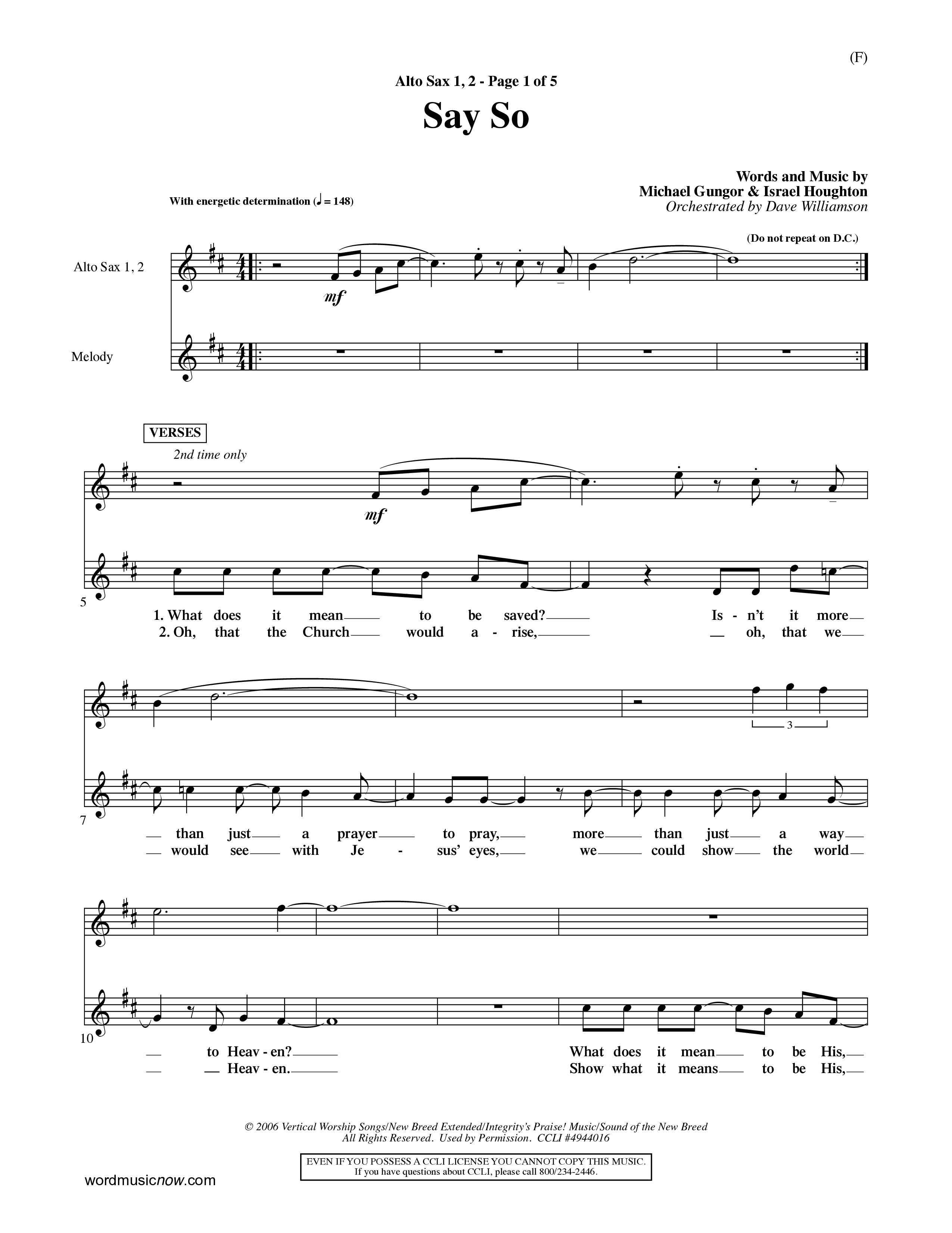 Say So (Choral Anthem SATB) Alto Sax 1/2 (Word Music Choral / Arr. Dave Williamson)
