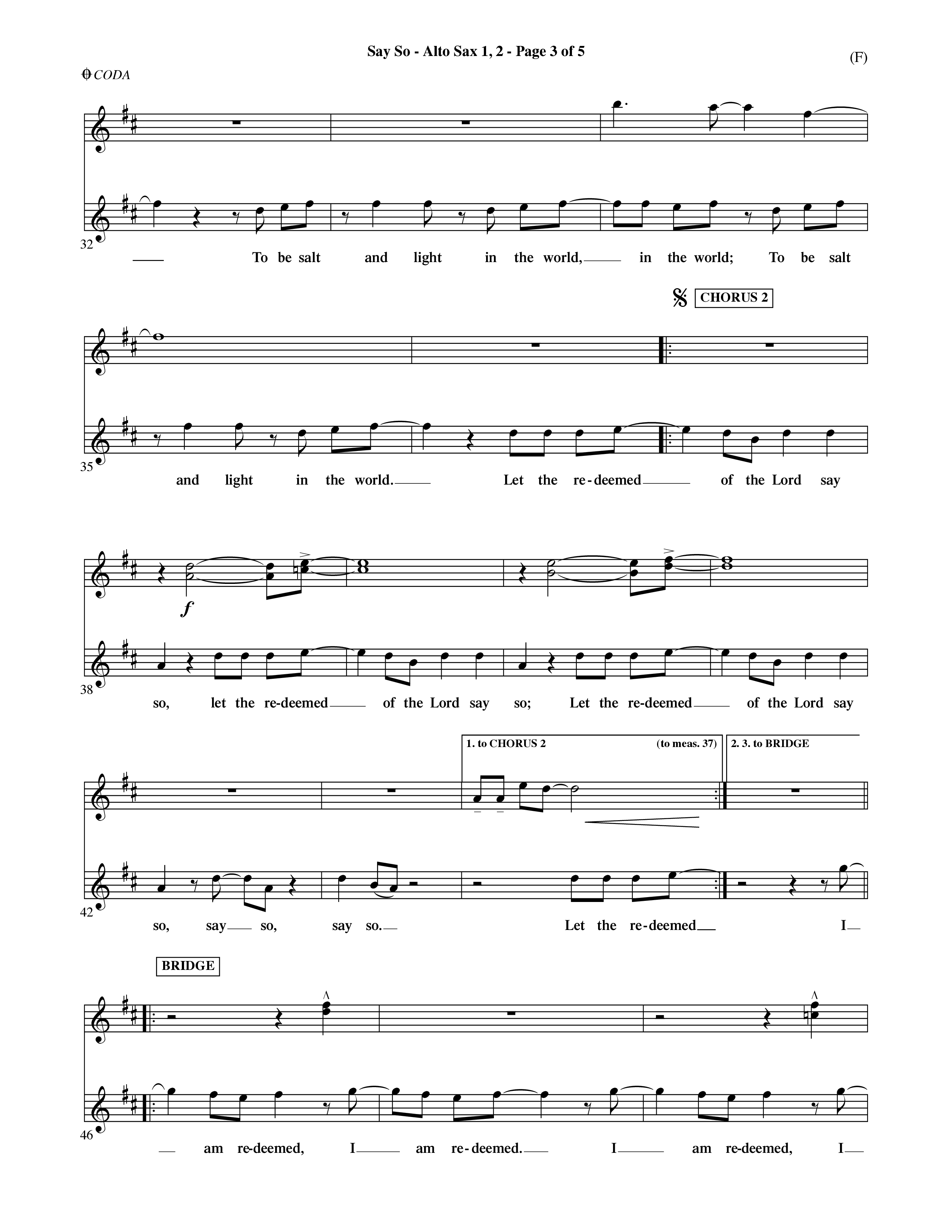 Say So (Choral Anthem SATB) Alto Sax 1/2 (Word Music Choral / Arr. Dave Williamson)
