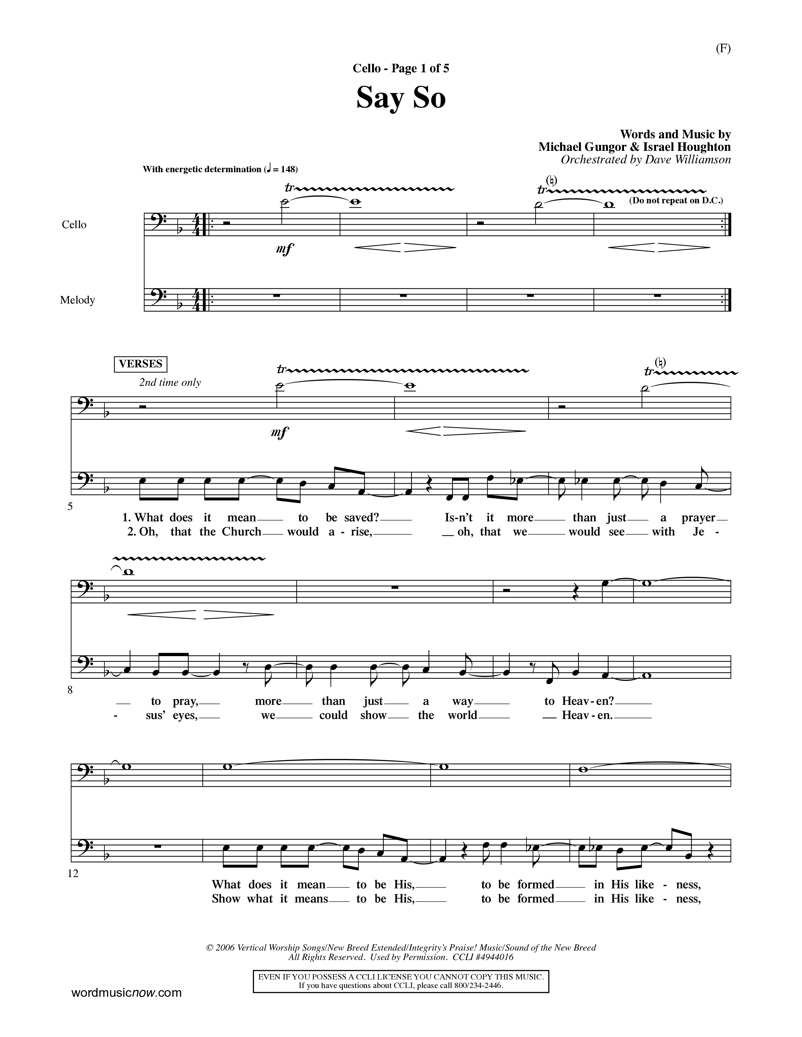 Say So (Choral Anthem SATB) Cello (Word Music Choral / Arr. Dave Williamson)