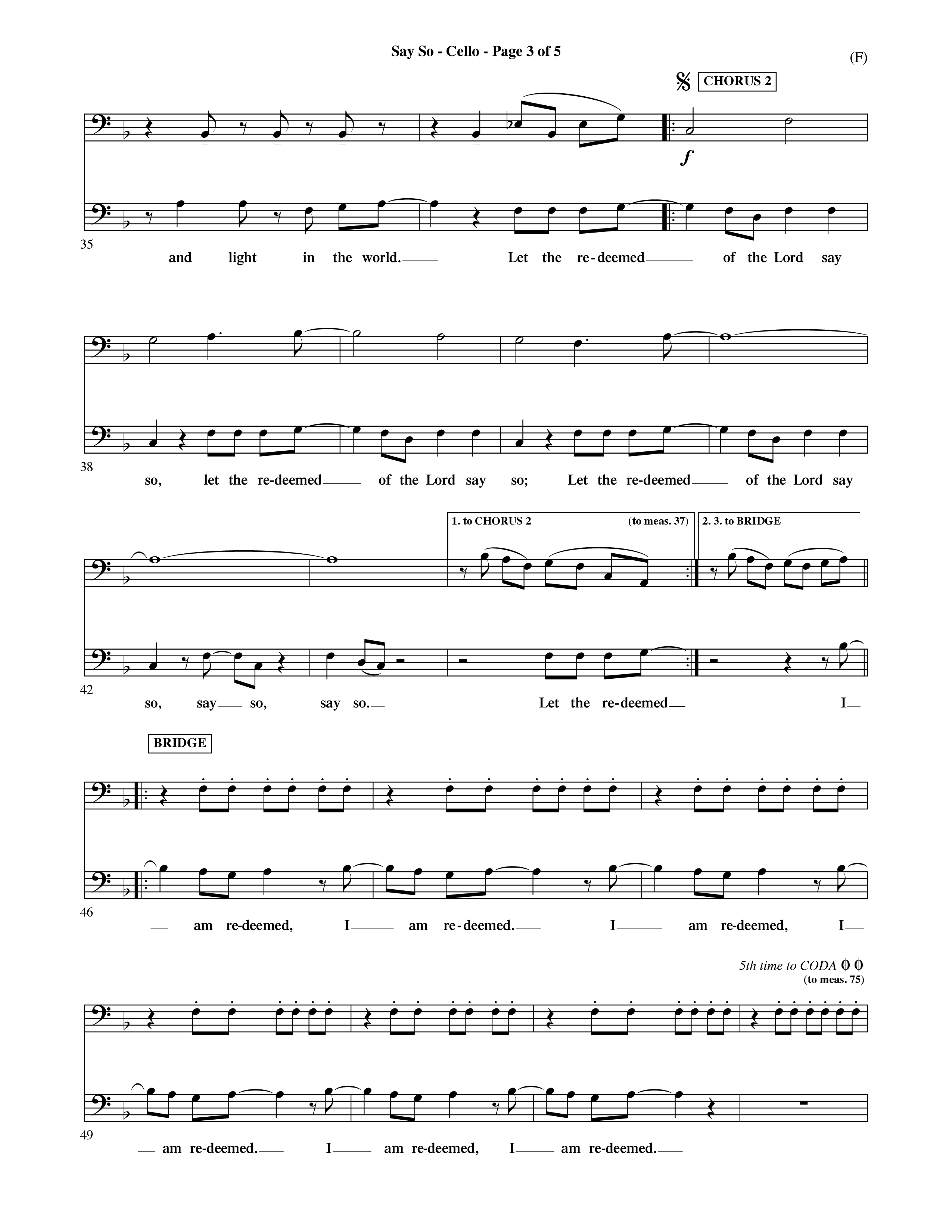 Say So (Choral Anthem SATB) Cello (Word Music Choral / Arr. Dave Williamson)