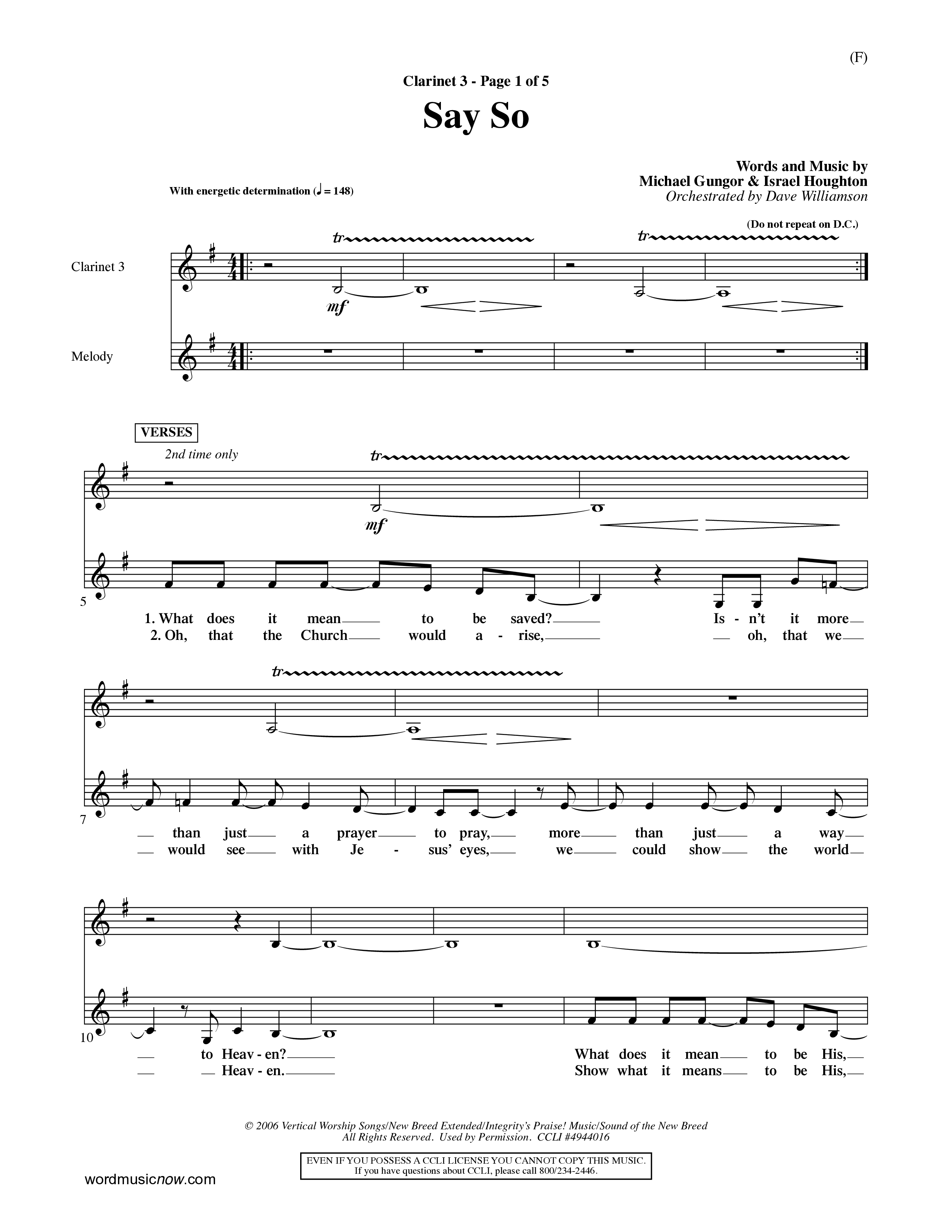 Say So (Choral Anthem SATB) Clarinet 3 (Word Music Choral / Arr. Dave Williamson)