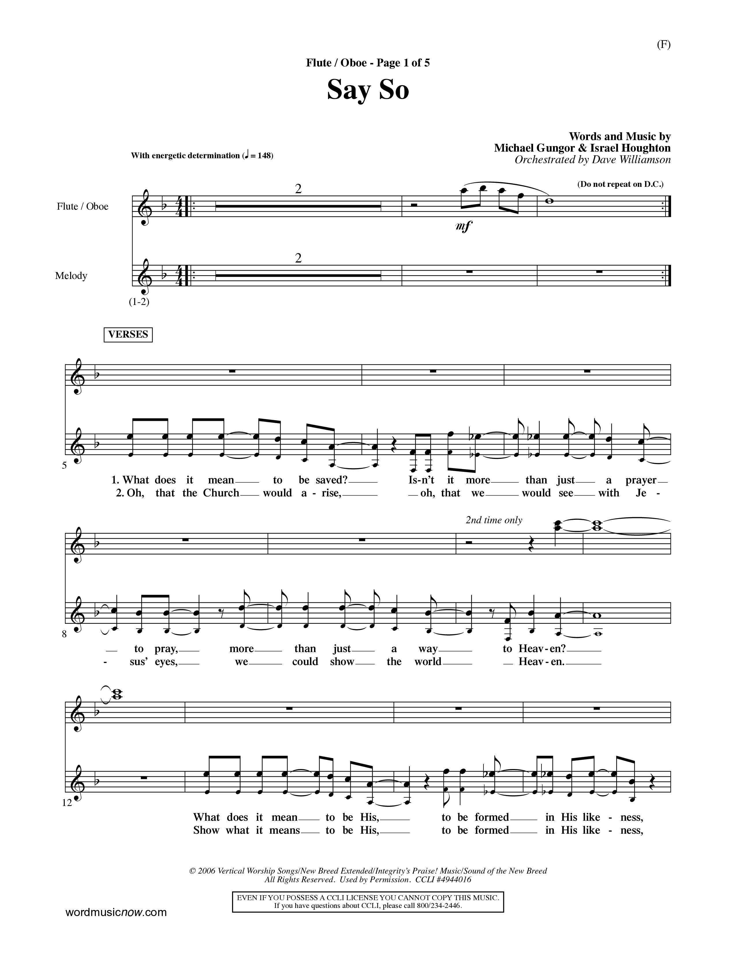 Say So (Choral Anthem SATB) Flute/Oboe (Word Music Choral / Arr. Dave Williamson)