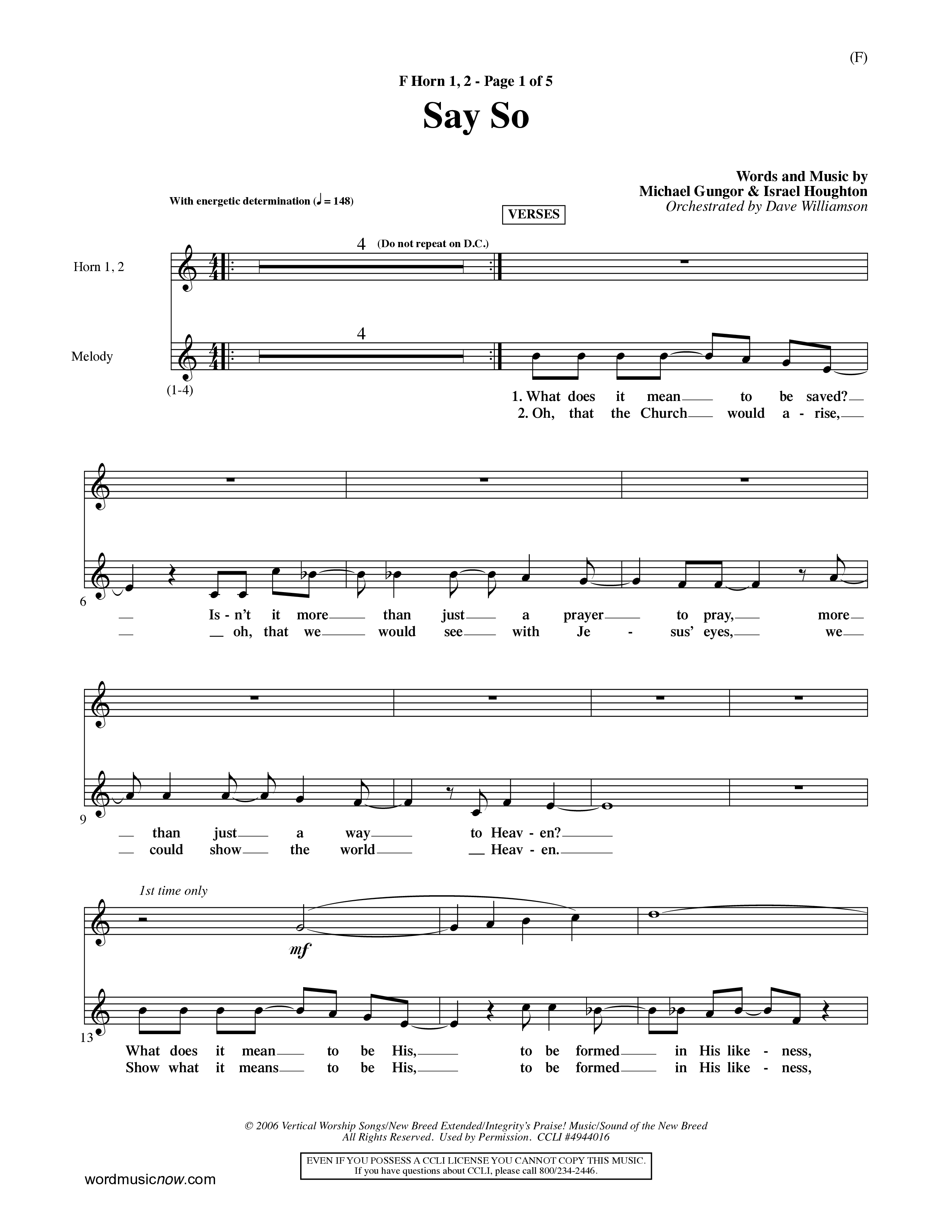 Say So (Choral Anthem SATB) French Horn (Word Music Choral / Arr. Dave Williamson)