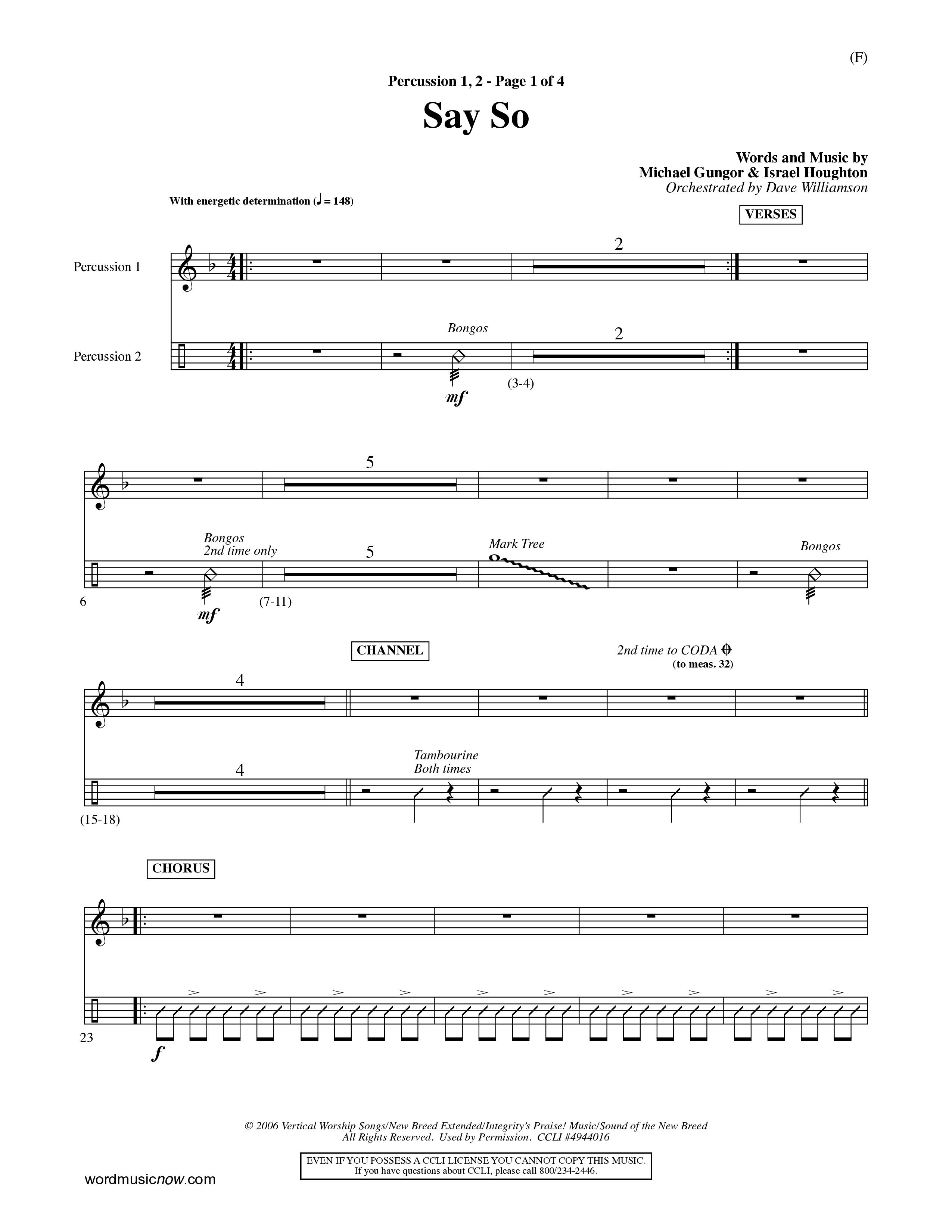 Say So (Choral Anthem SATB) Percussion (Word Music Choral / Arr. Dave Williamson)
