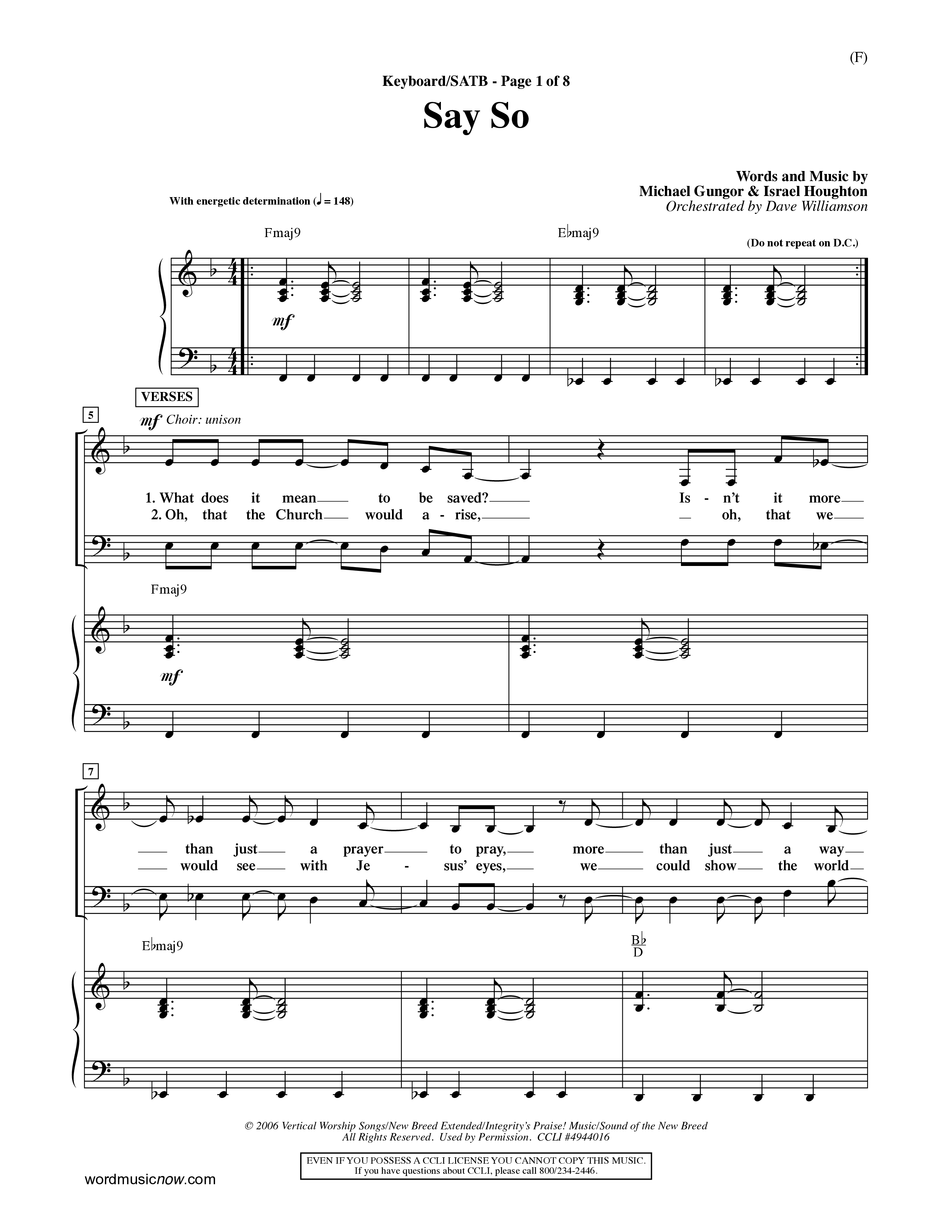 Say So (Choral Anthem SATB) Keyboard/Vocal (SATB) (Word Music Choral / Arr. Dave Williamson)