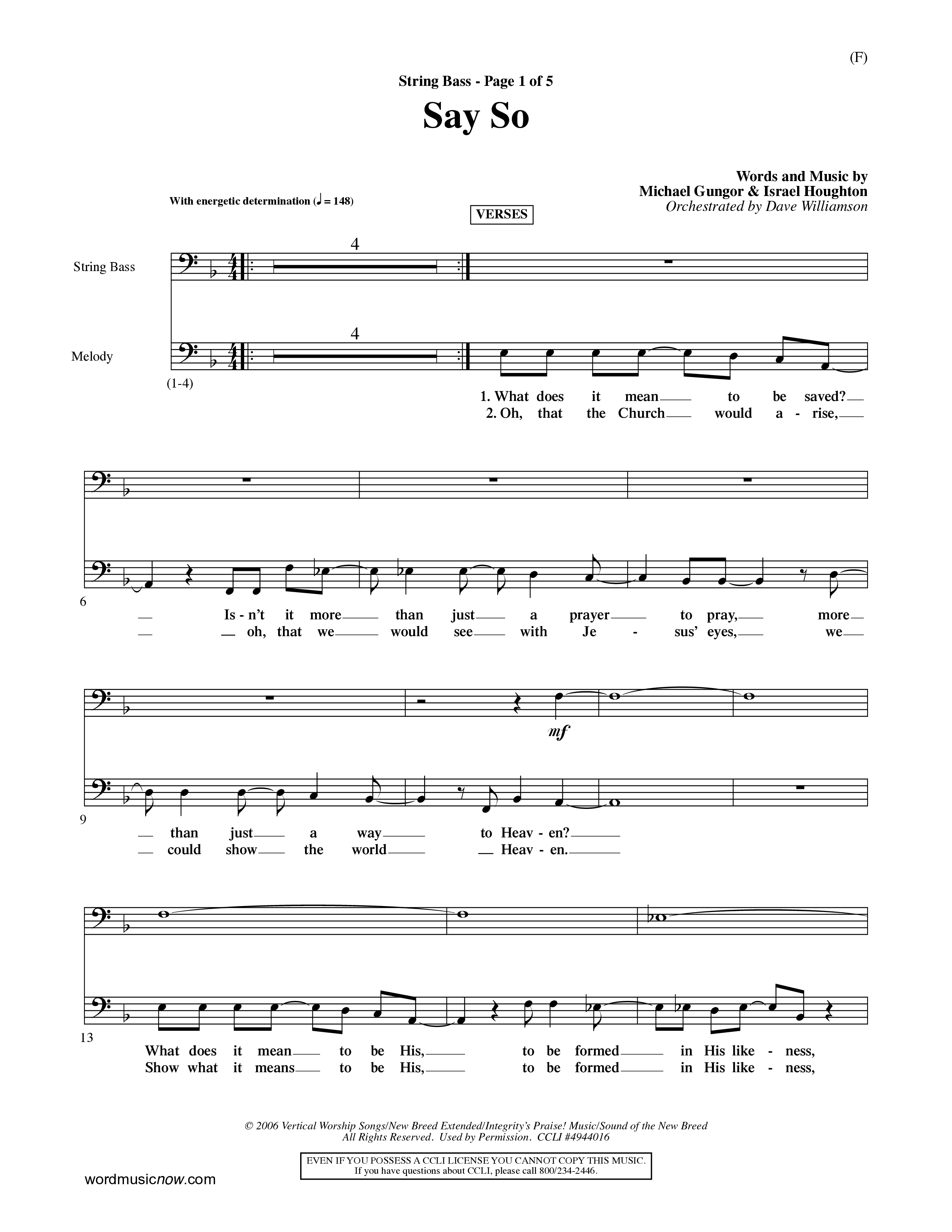 Say So (Choral Anthem SATB) String Bass (Word Music Choral / Arr. Dave Williamson)