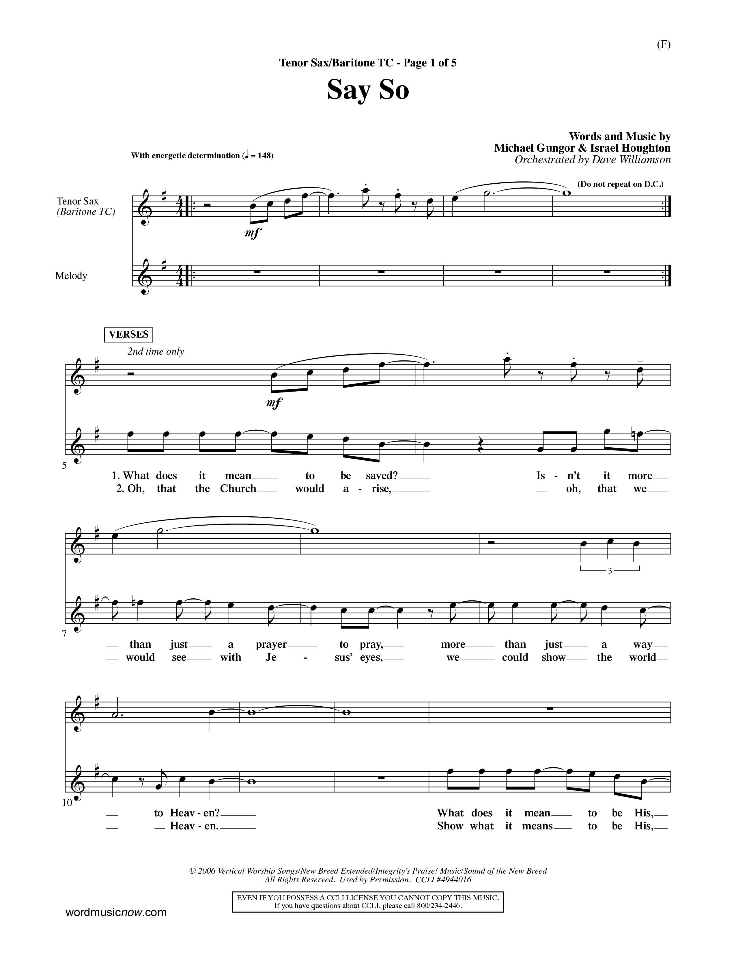 Say So (Choral Anthem SATB) Tenor Sax/Baritone T.C. (Word Music Choral / Arr. Dave Williamson)