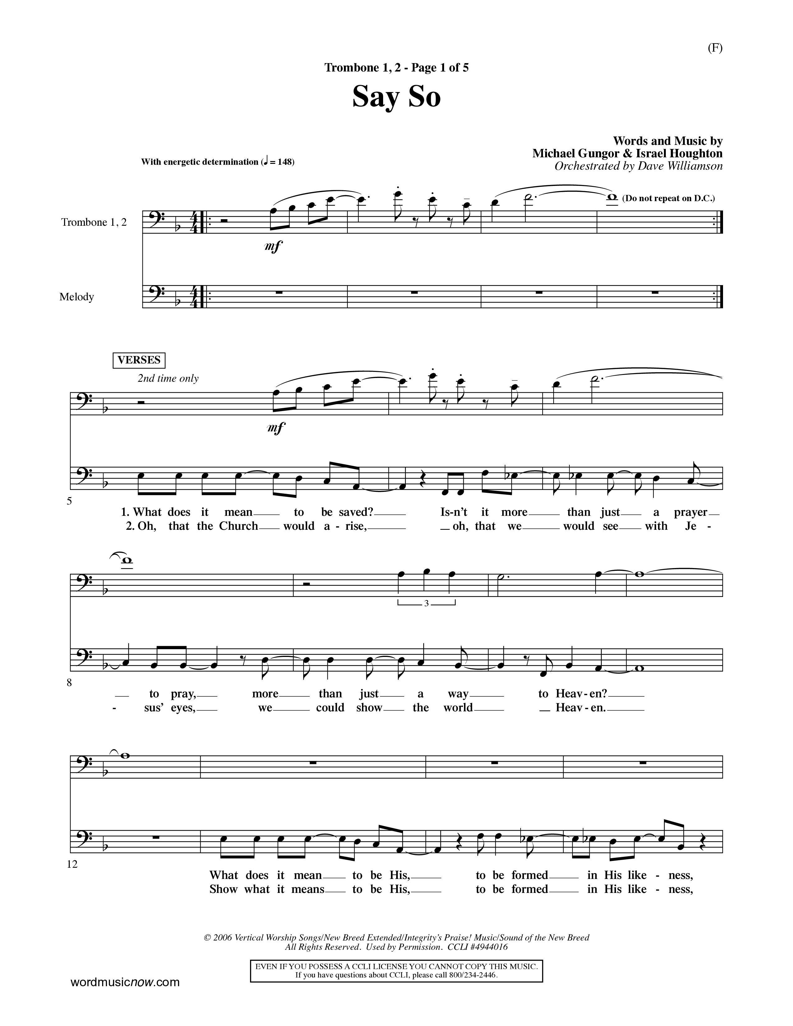 Say So (Choral Anthem SATB) Trombone 1/2 (Word Music Choral / Arr. Dave Williamson)