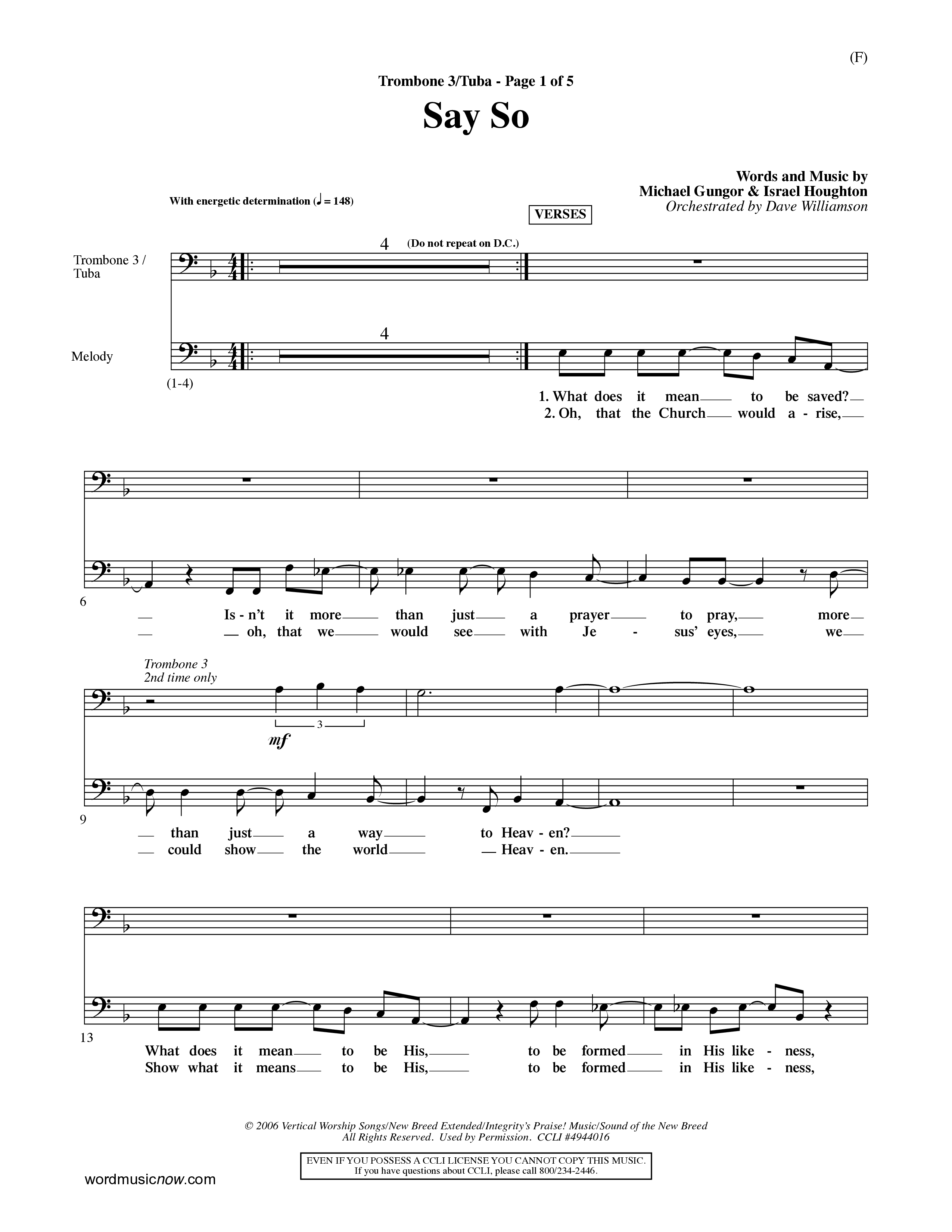 Say So (Choral Anthem SATB) Trombone 3/Tuba (Word Music Choral / Arr. Dave Williamson)