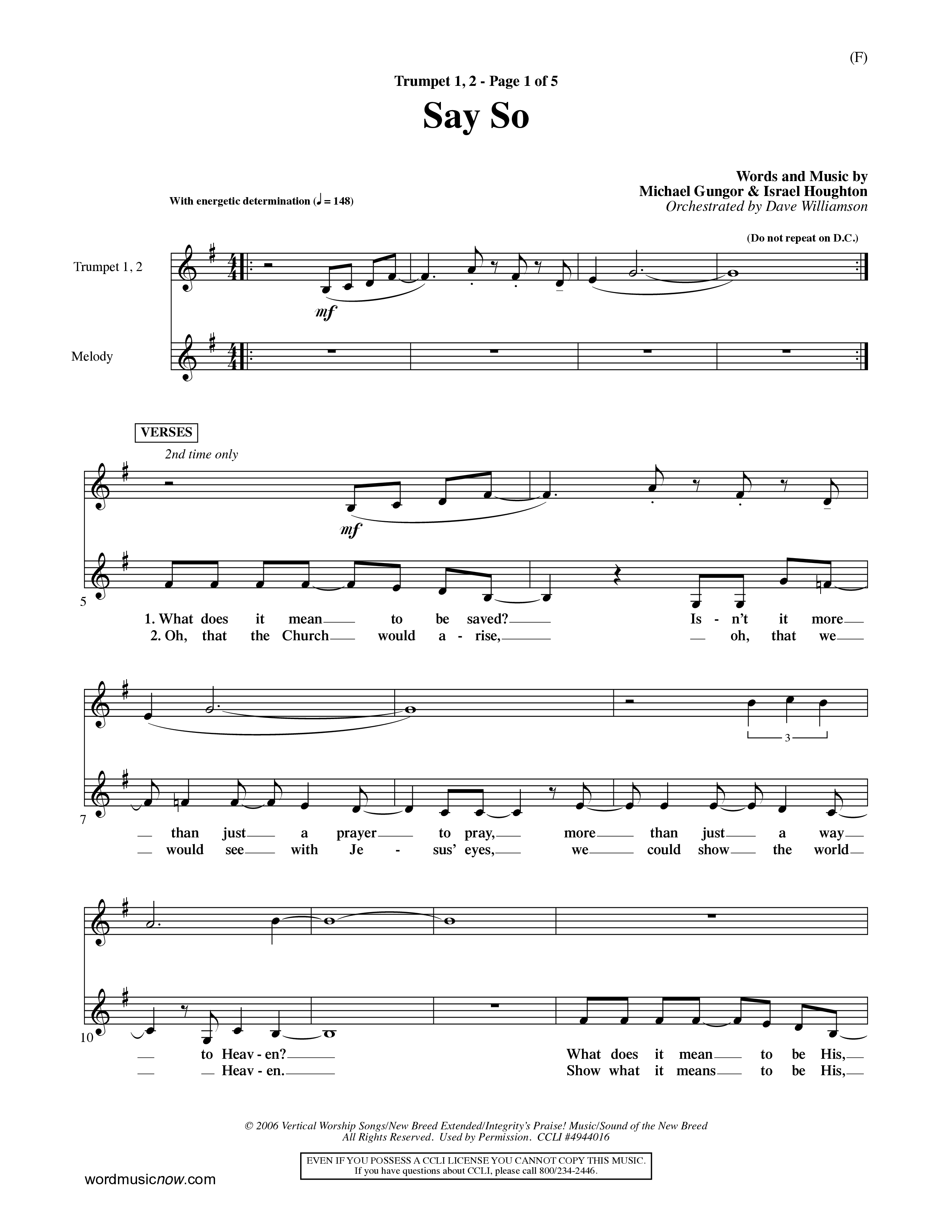 Say So (Choral Anthem SATB) Trumpet 1,2 (Word Music Choral / Arr. Dave Williamson)