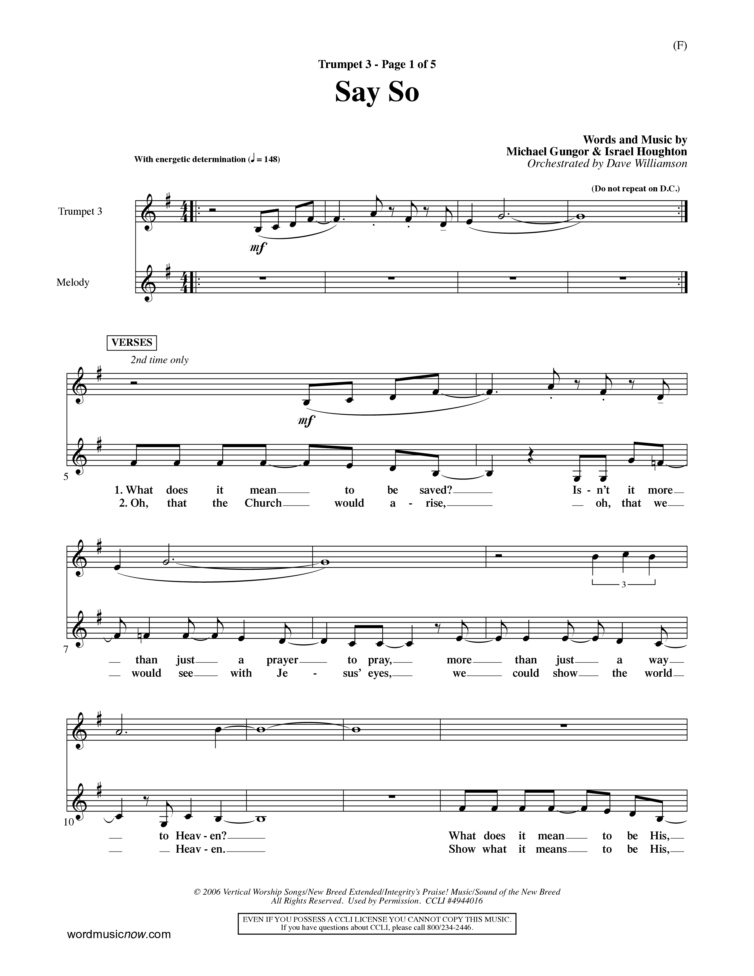 Say So (Choral Anthem SATB) Trumpet 3 (Word Music Choral / Arr. Dave Williamson)