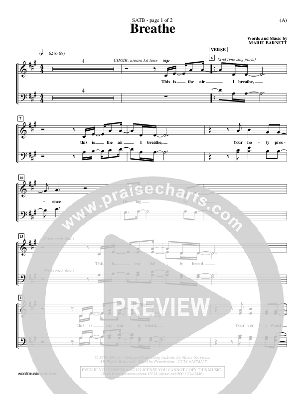 Breathe Choir Sheet (SATB) (Marie Barnett)