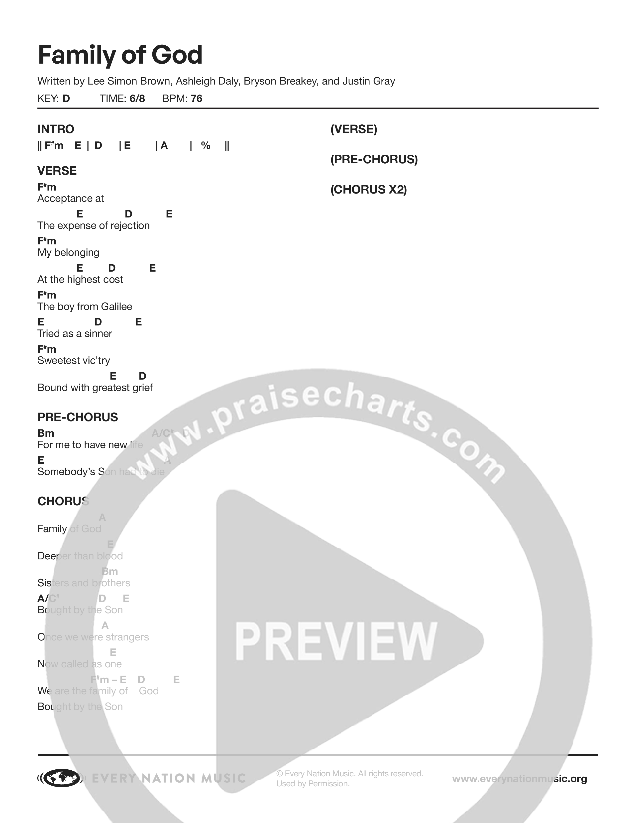 Family of God (Live) Chord Chart (Every Nation Music)