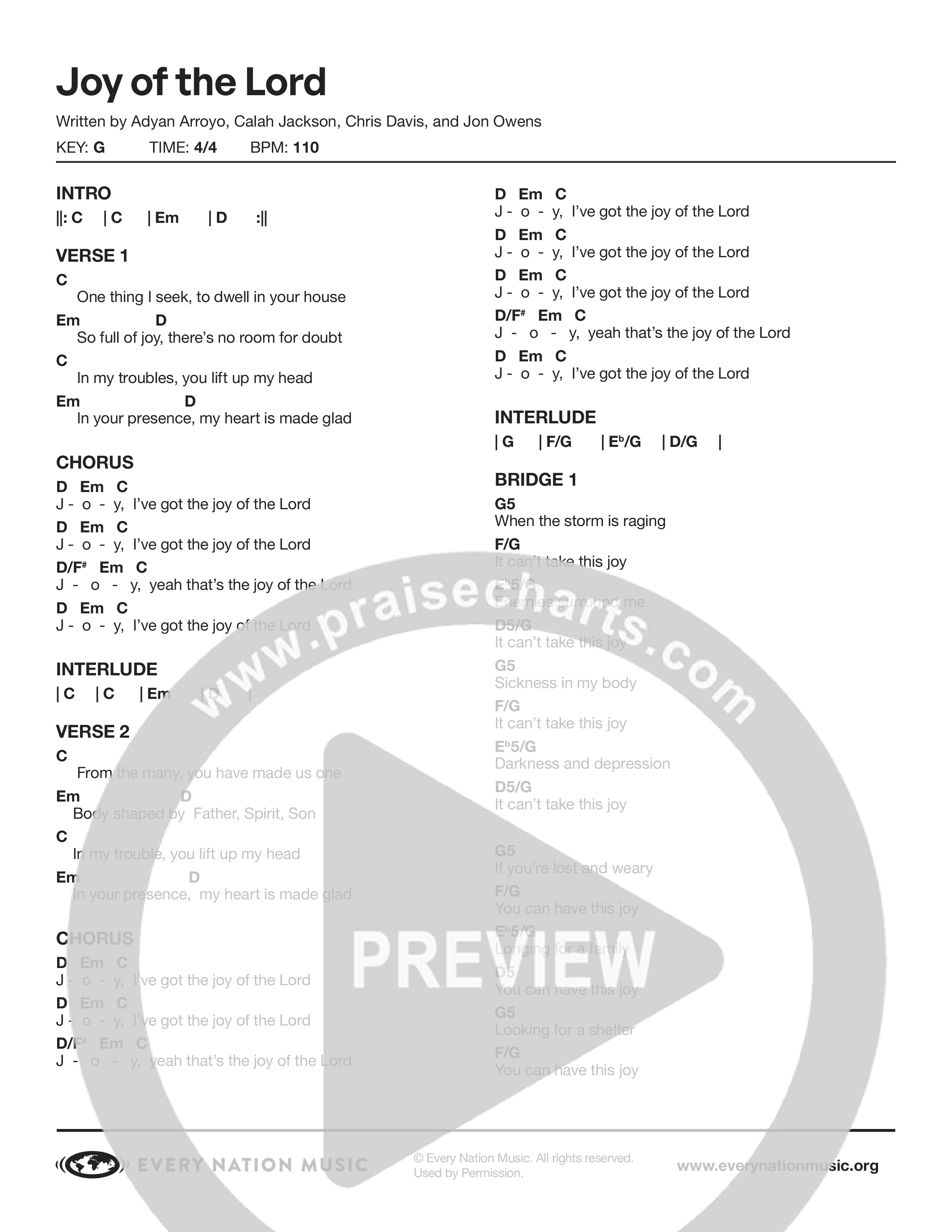 Joy Of The Lord (Live) Chord Chart (Every Nation Music)