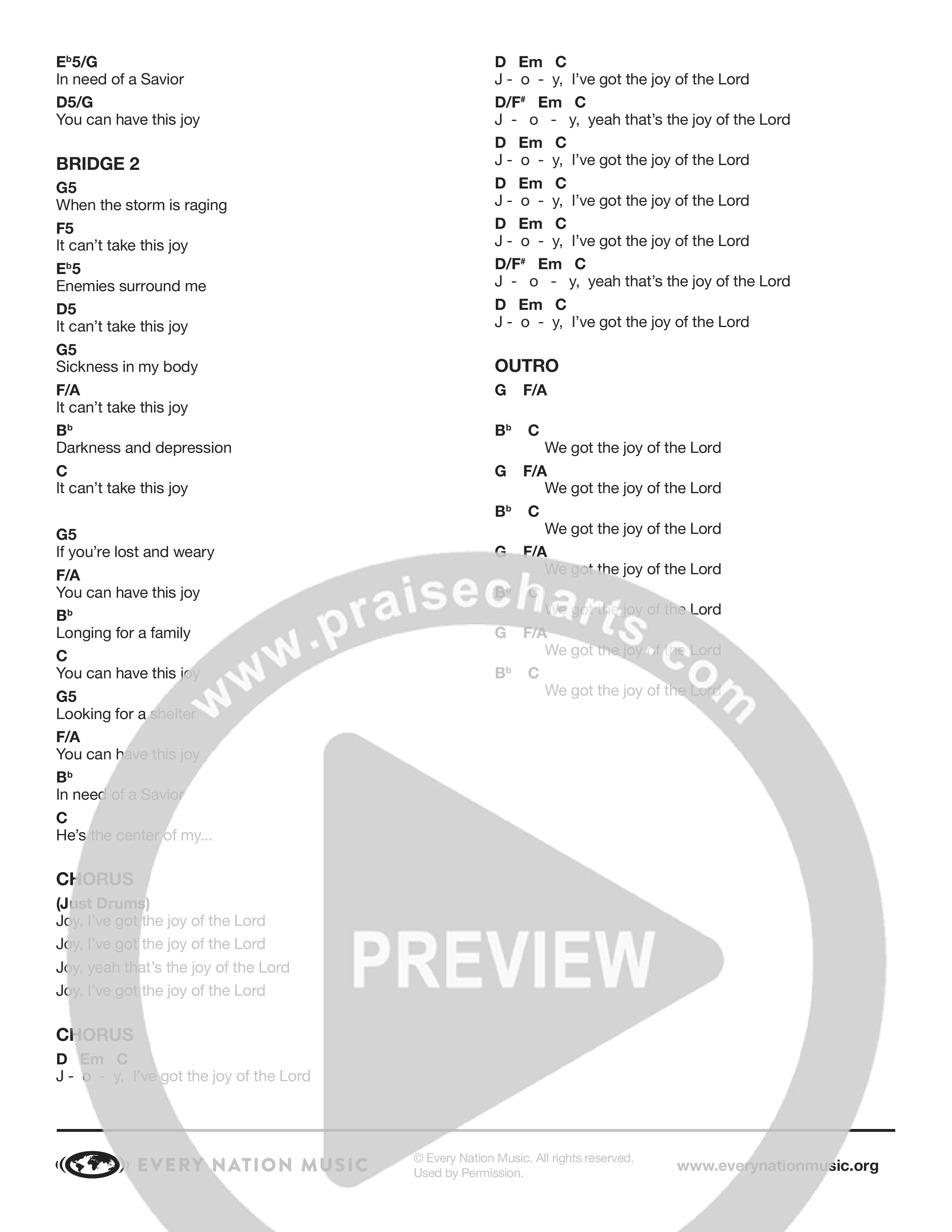 Joy Of The Lord (Live) Chord Chart (Every Nation Music)