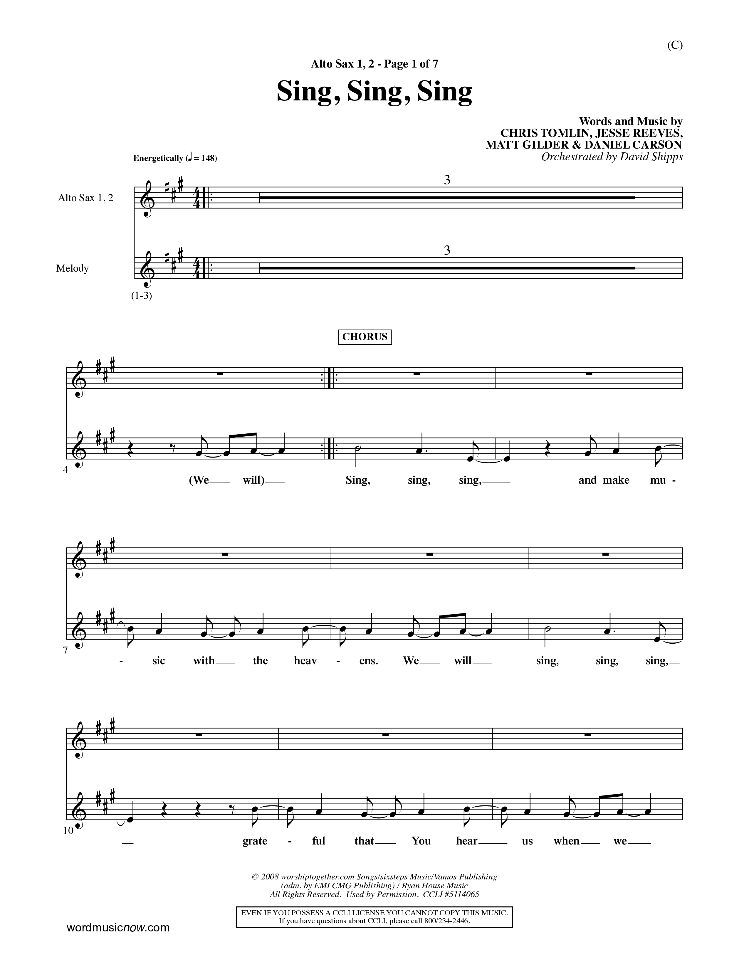 Sing Sing Sing (Choral Anthem SATB) Alto Sax 1/2 (Word Music Choral / Arr. David Shipps)