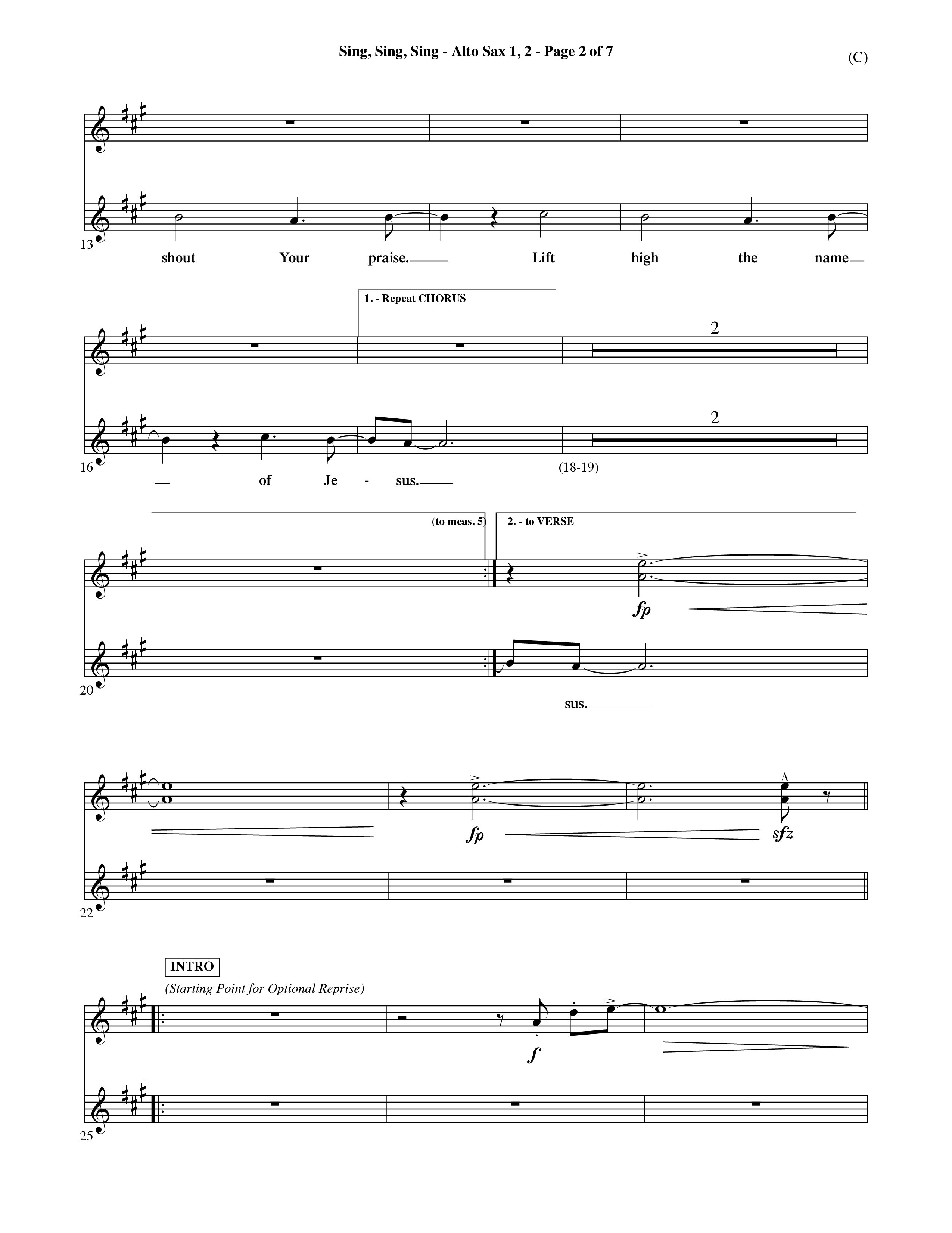 Sing Sing Sing (Choral Anthem SATB) Alto Sax 1/2 (Word Music Choral / Arr. David Shipps)