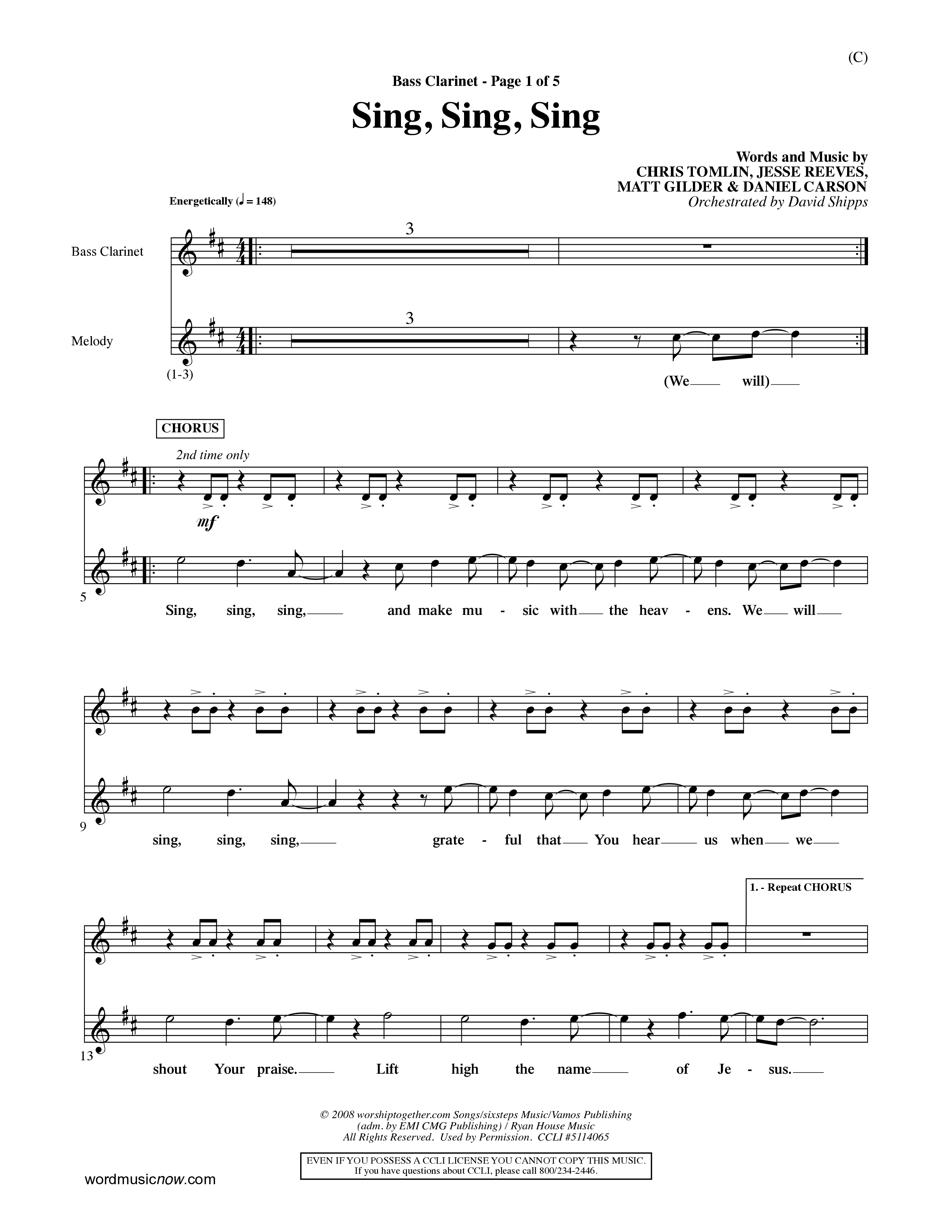 Sing Sing Sing (Choral Anthem SATB) Bass Clarinet (Word Music Choral / Arr. David Shipps)