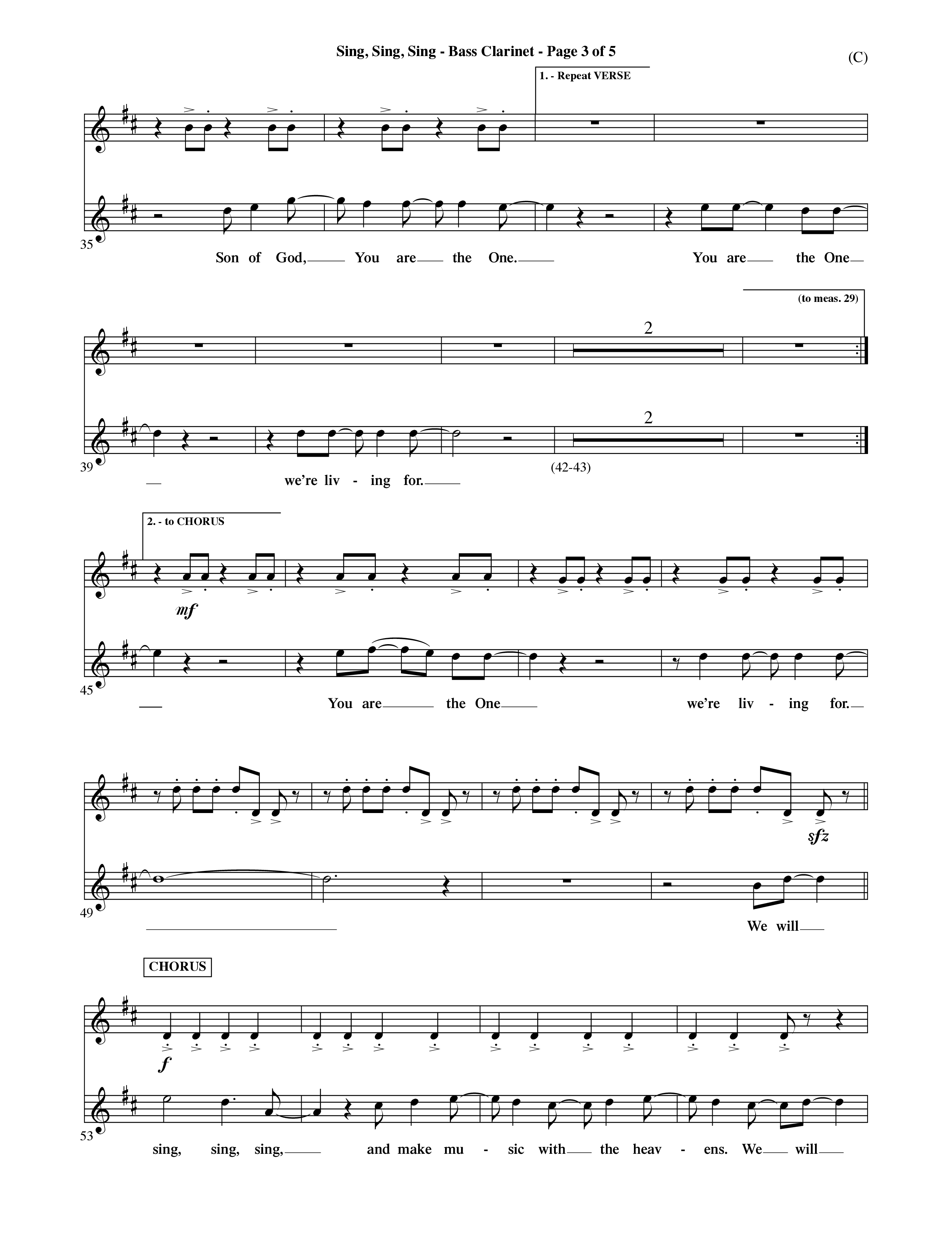 Sing Sing Sing (Choral Anthem SATB) Bass Clarinet (Word Music Choral / Arr. David Shipps)
