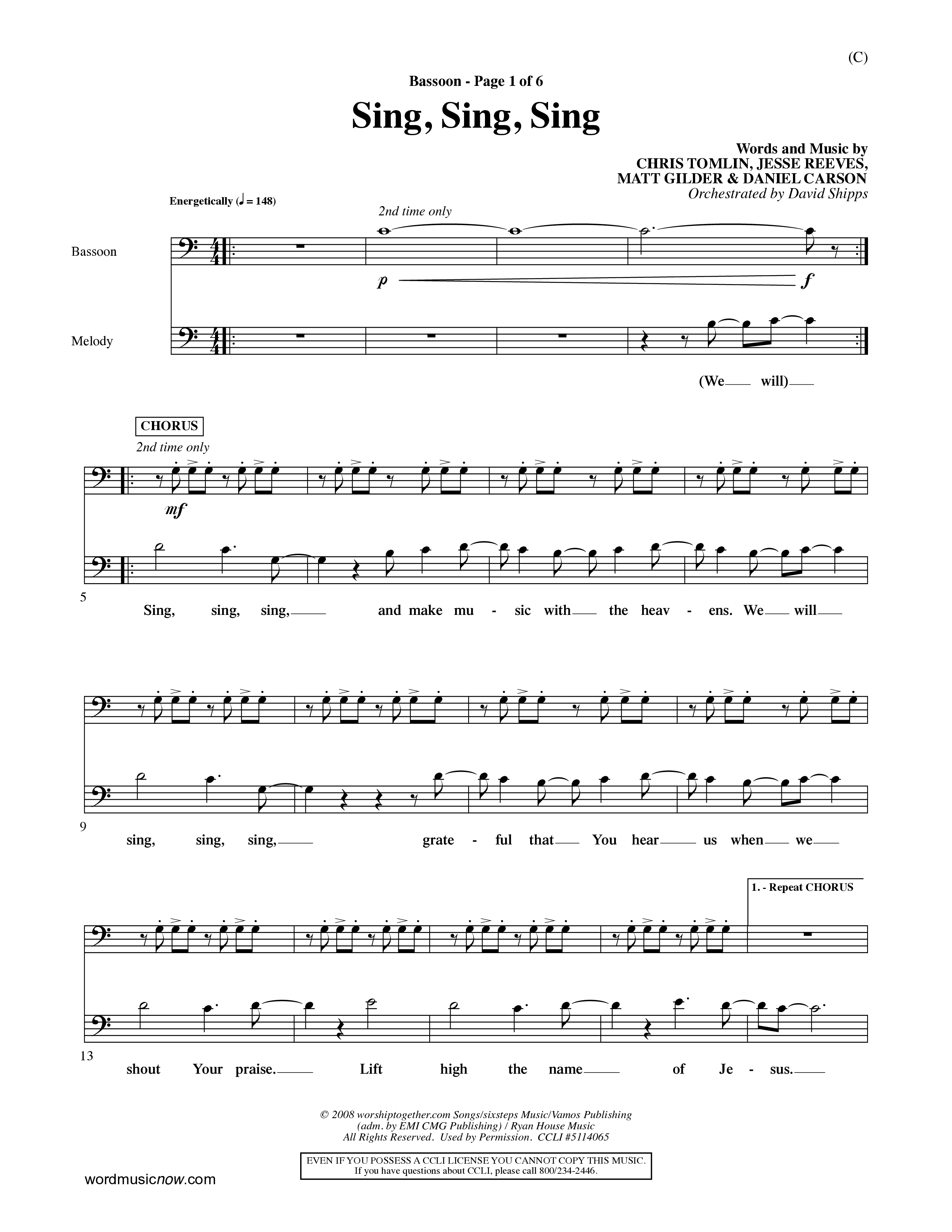 Sing Sing Sing (Choral Anthem SATB) Bassoon (Word Music Choral / Arr. David Shipps)