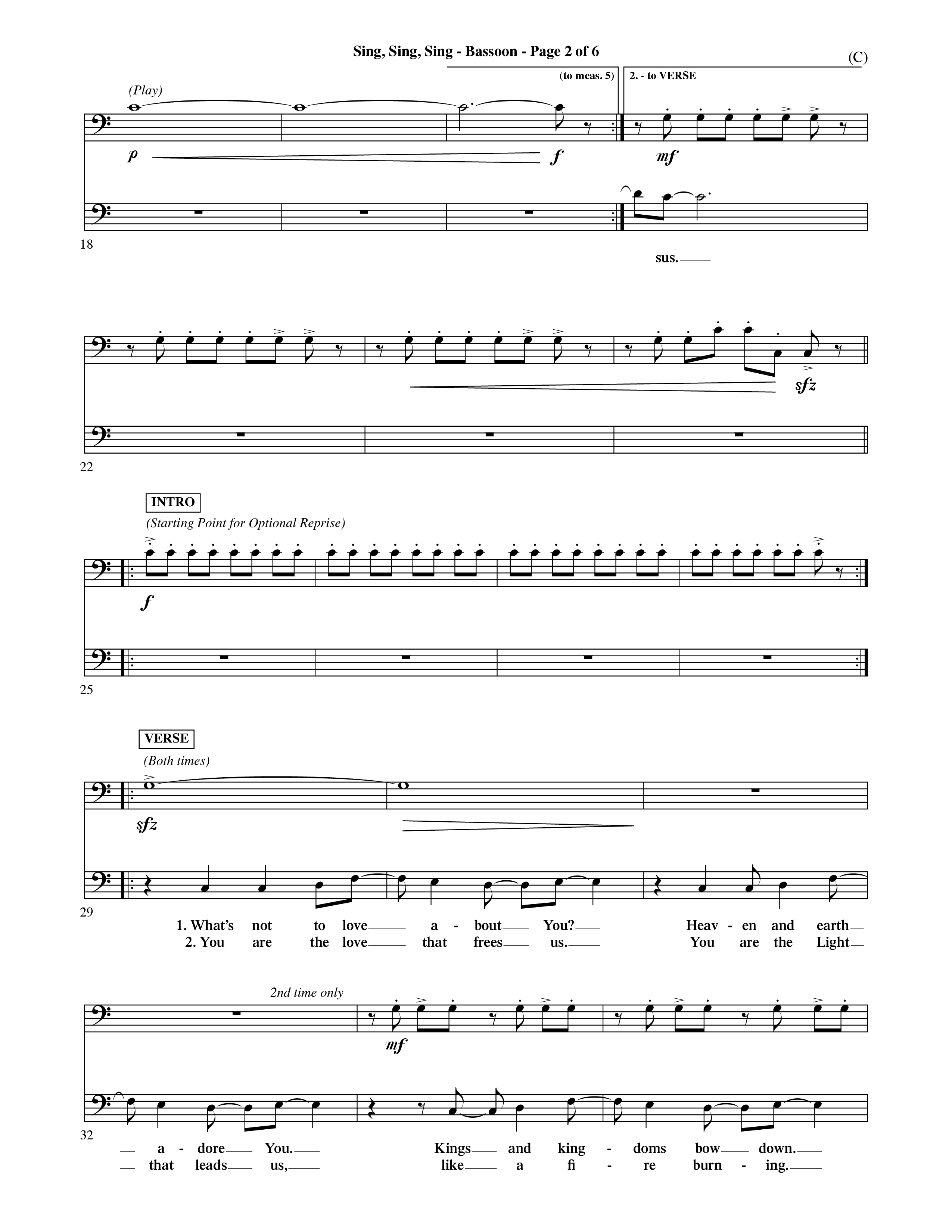 Sing Sing Sing (Choral Anthem SATB) Bassoon (Word Music Choral / Arr. David Shipps)