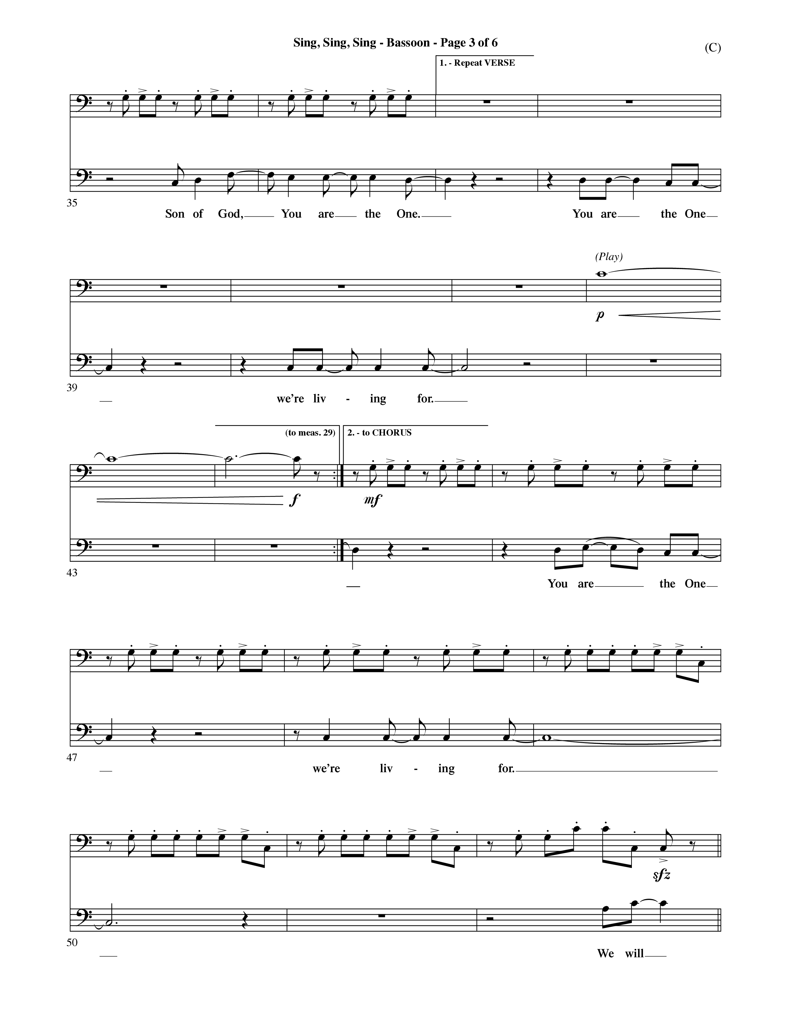 Sing Sing Sing (Choral Anthem SATB) Bassoon (Word Music Choral / Arr. David Shipps)