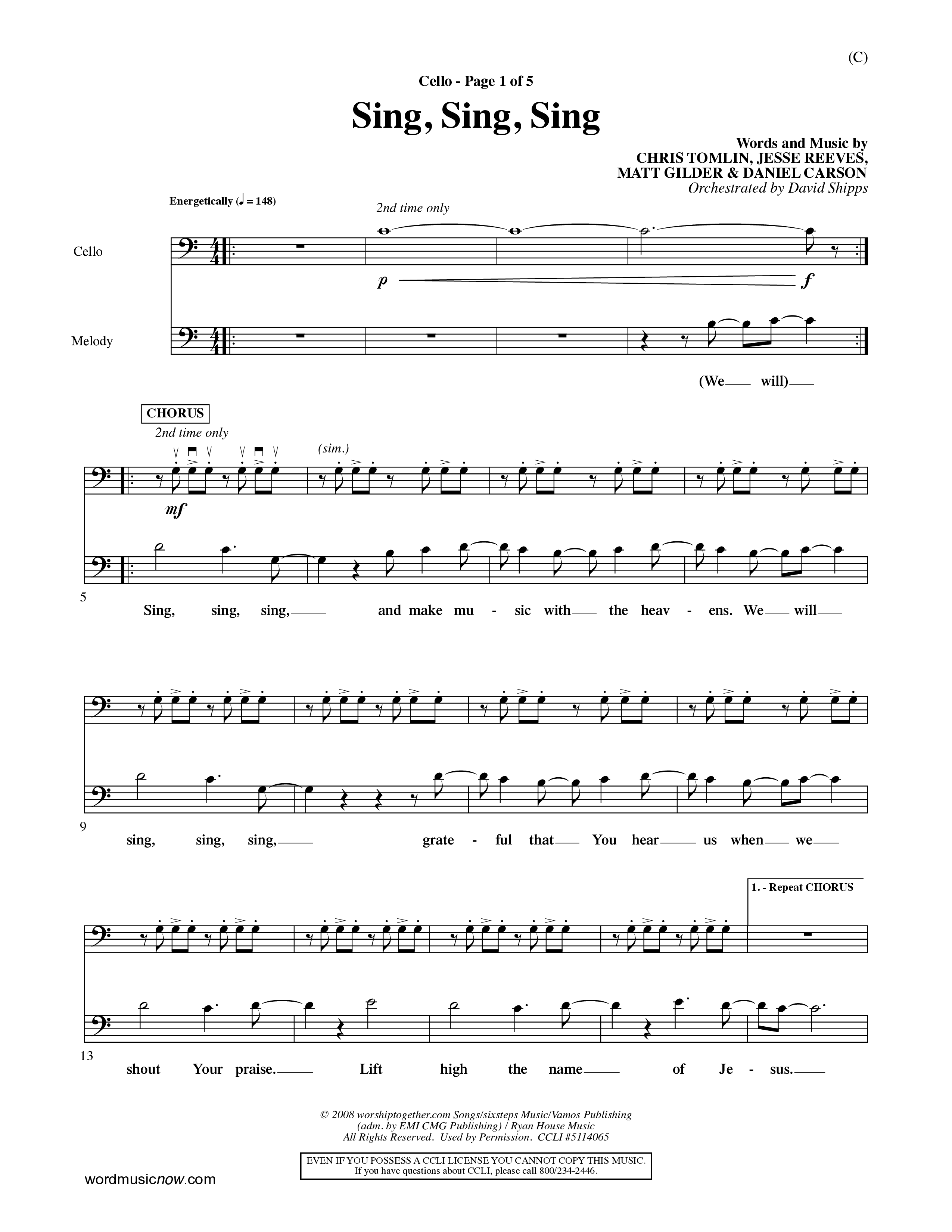 Sing Sing Sing (Choral Anthem SATB) Cello (Word Music Choral / Arr. David Shipps)